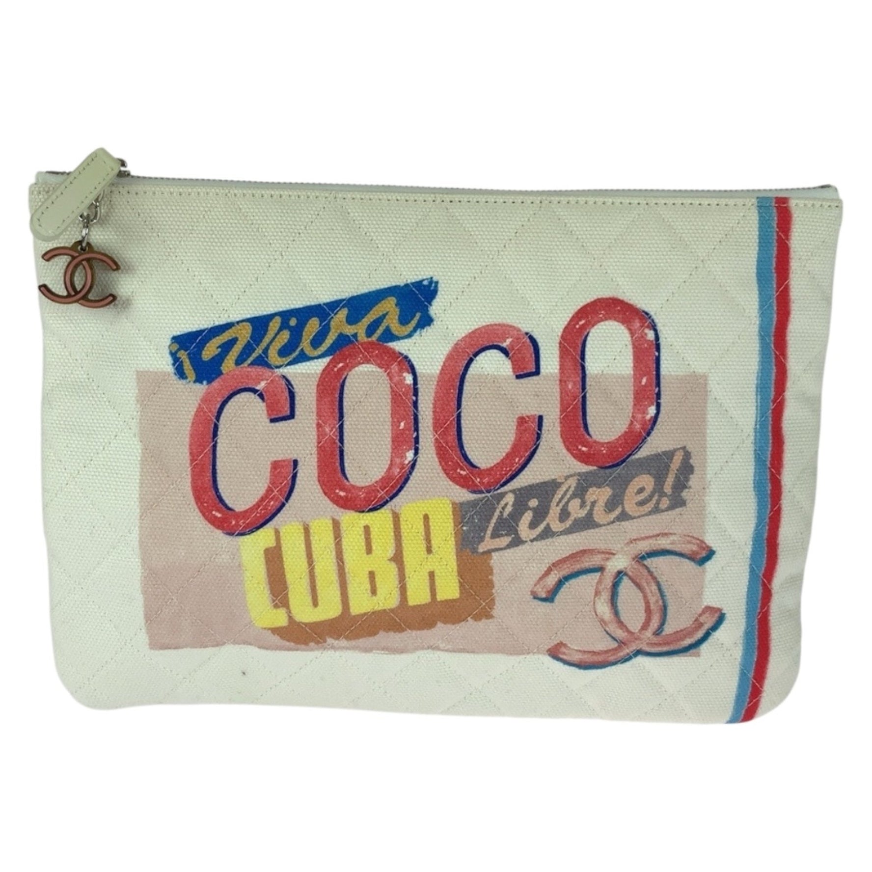 CHANEL Coco Cuba Mark White Multicolor Silver Hardware Canvas Clutch Bag