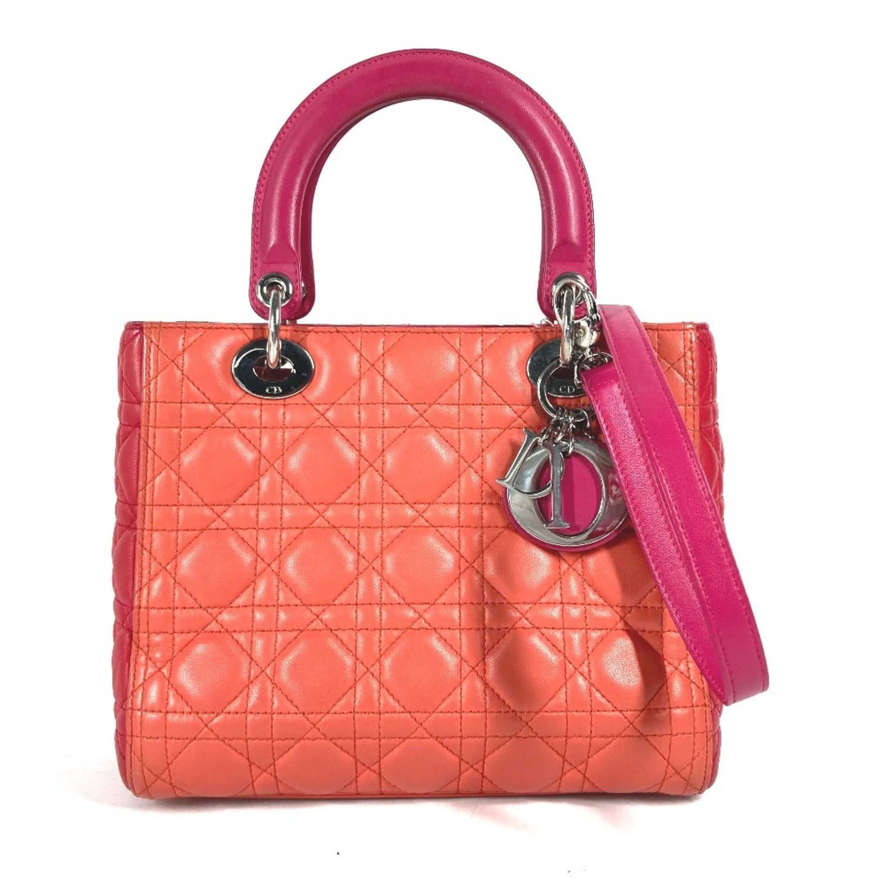 Christian Dior Dior Tricolor Lady Tote Bag Shoulder Handbag Lambskin Pink