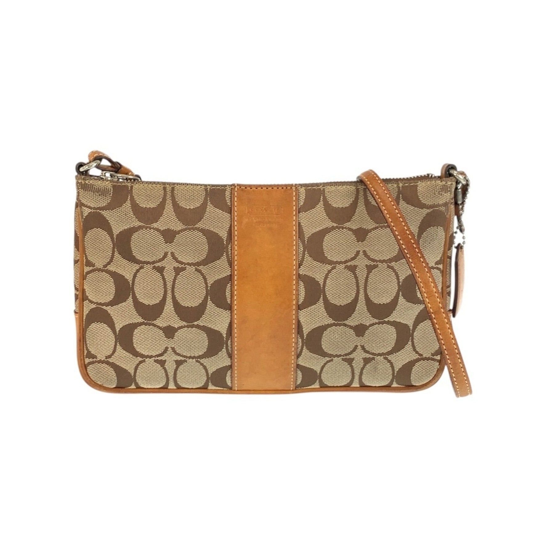 COACH Signature Slim Demi Zip Beige Camel Silver Hardware Canvas Leather 6338 Shoulder Bag Pochette