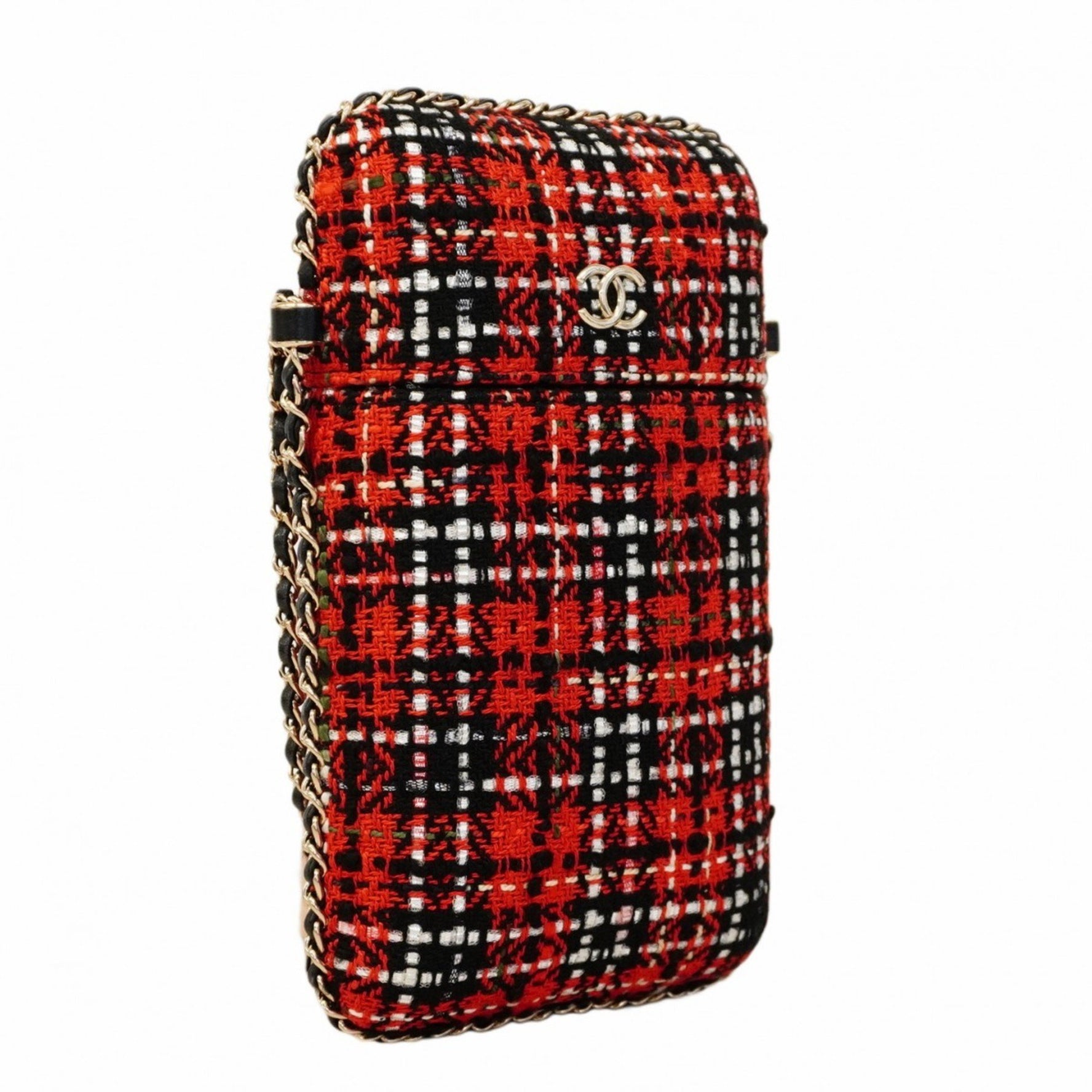 Chanel Phone Case Chain Shoulder Bag Tweed Red Black Champagne