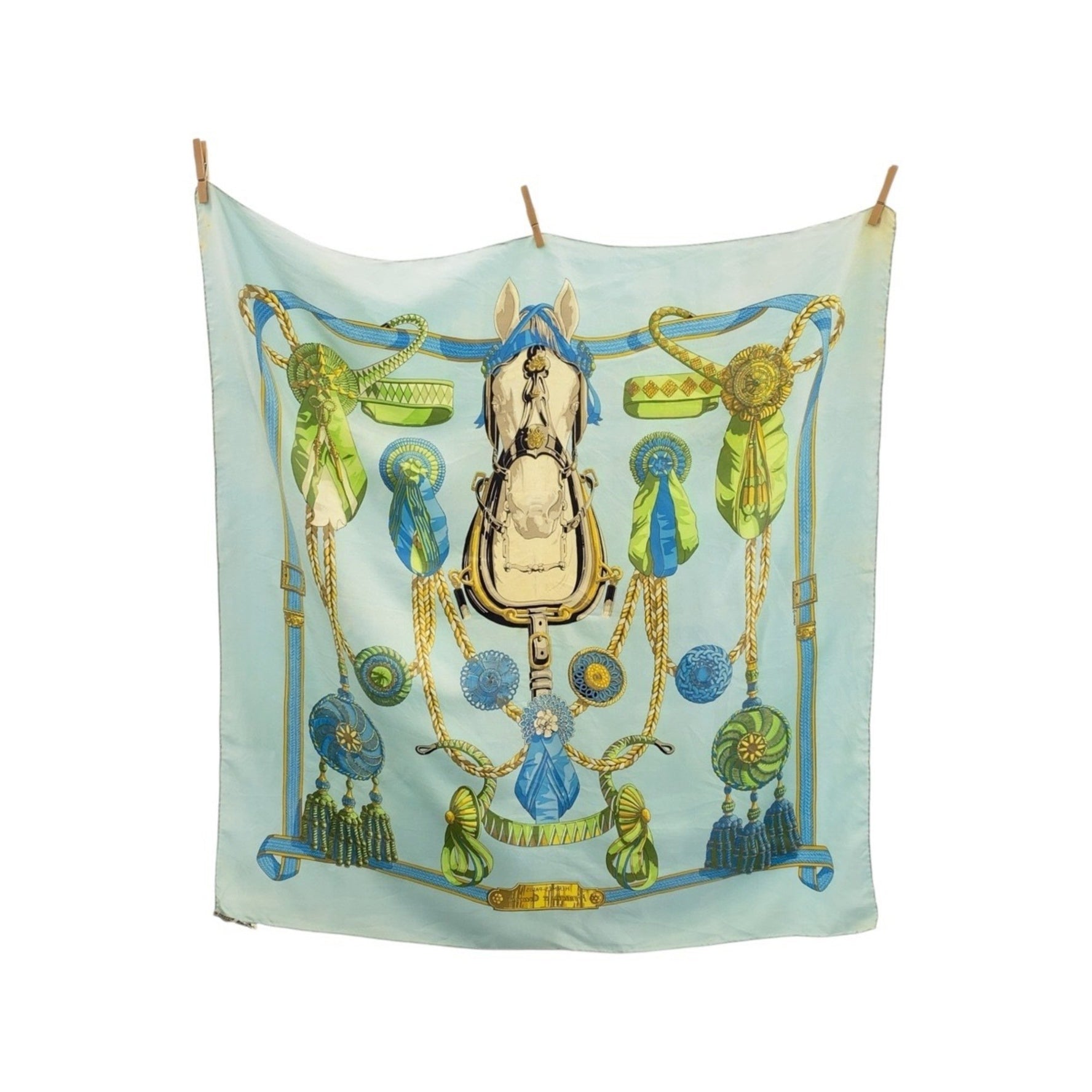 HERMES Frontaux et Cocardes Carré 90 Sky Blue and Light Green Silk Scarf