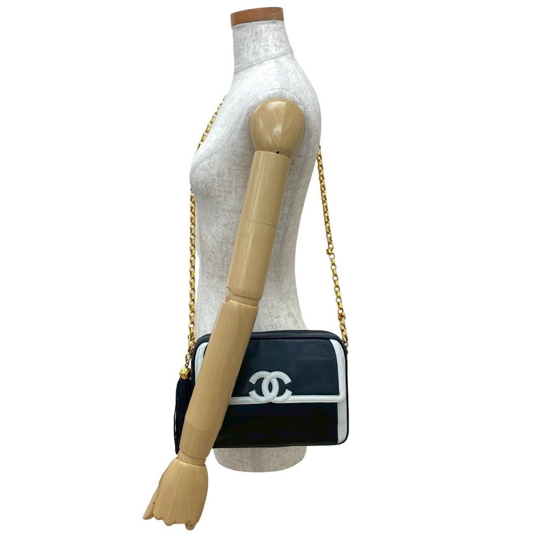 CHANEL Vintage Coco Lambskin Leather Tassel Chain Shoulder Bag, Navy Blue