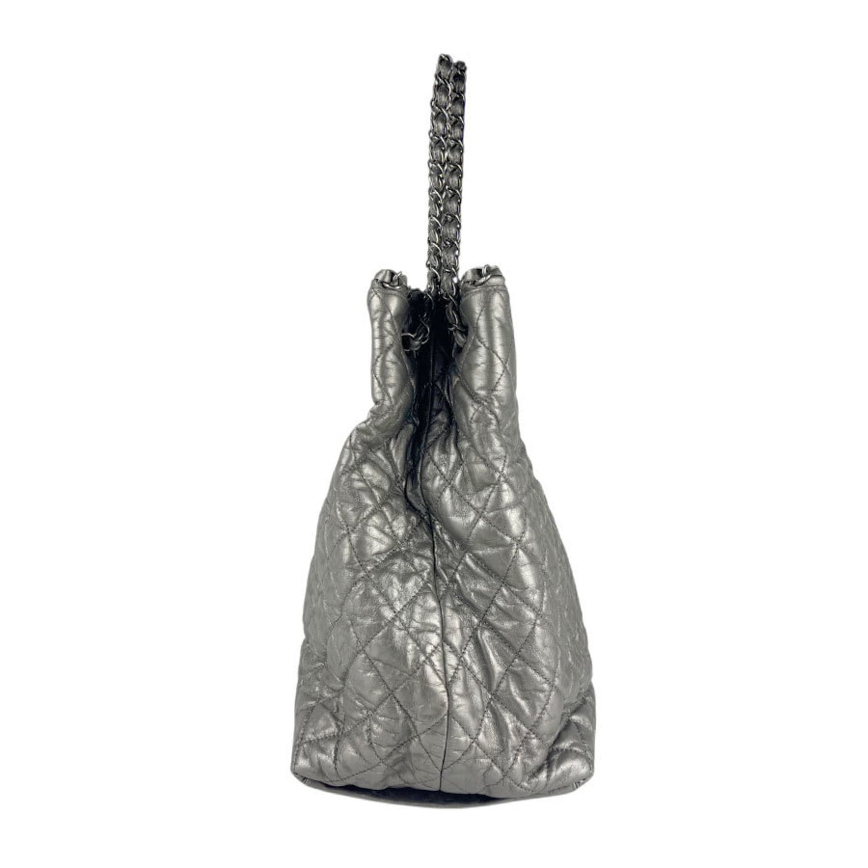 CHANEL Metallic Gray Leather Handbag