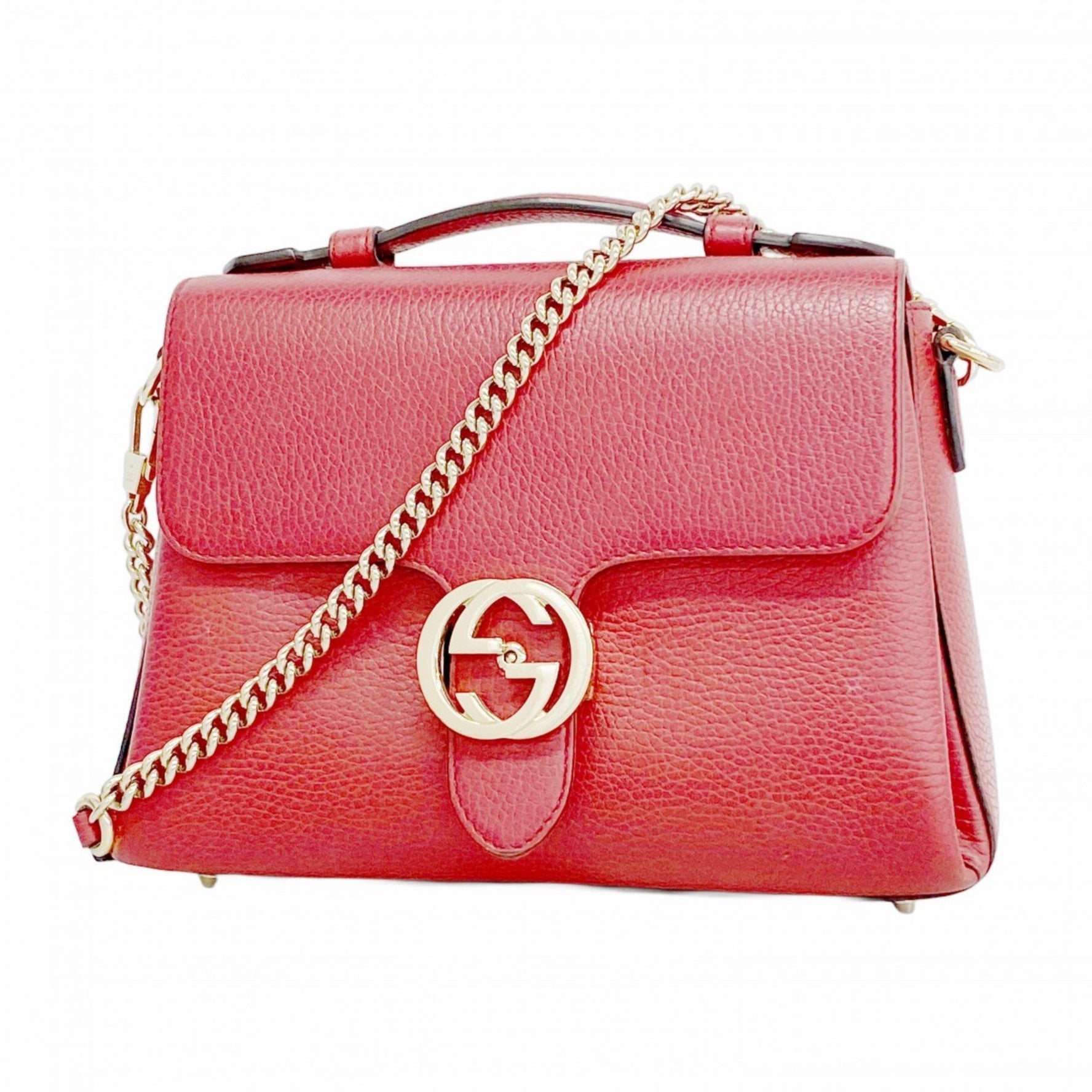 Gucci Interlocking G Handbag Leather Red Champagne Women's
