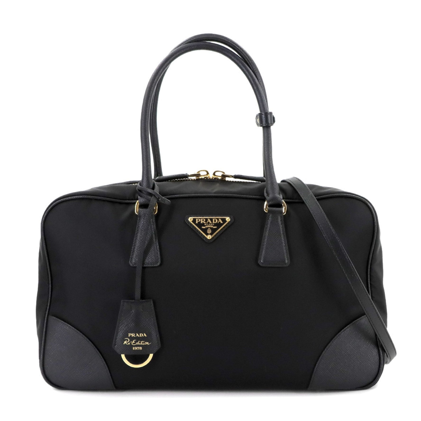 Prada Re-Edition 1978 Large Double-Handle Handbag in Nylon and Saffiano Leather with Gold Hardware