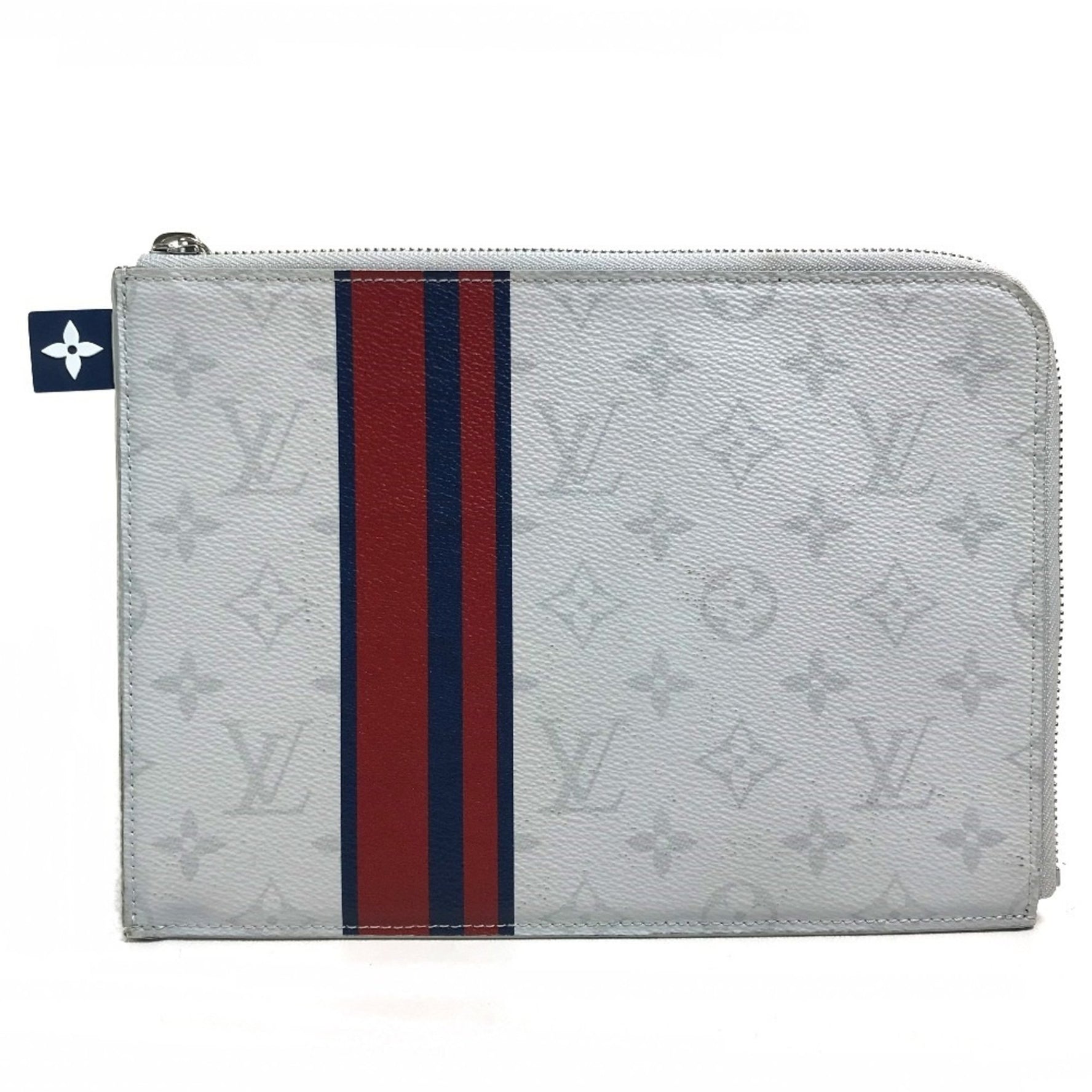 LOUIS VUITTON M61745 Monogram White Pochette Jour PM L-Zip Second Bag/Clutch Bag in Canvas, Men's, x Red Blue