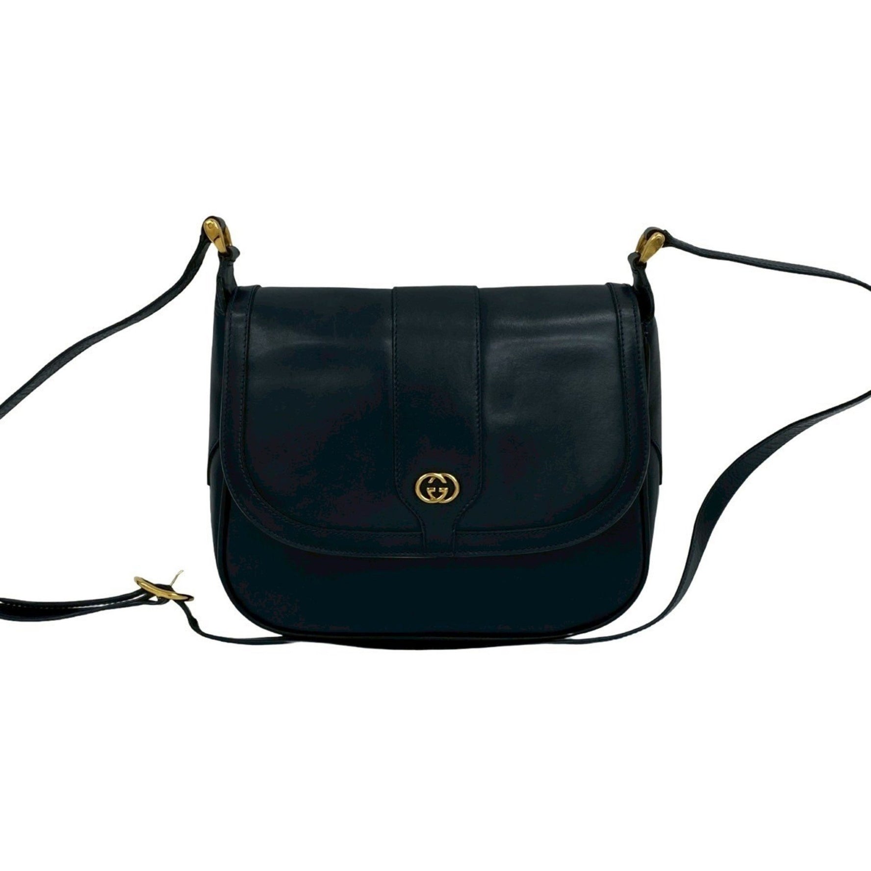 GUCCI Old Gucci GG Logo Hardware Calfskin Leather Shoulder Bag Pochette Navy