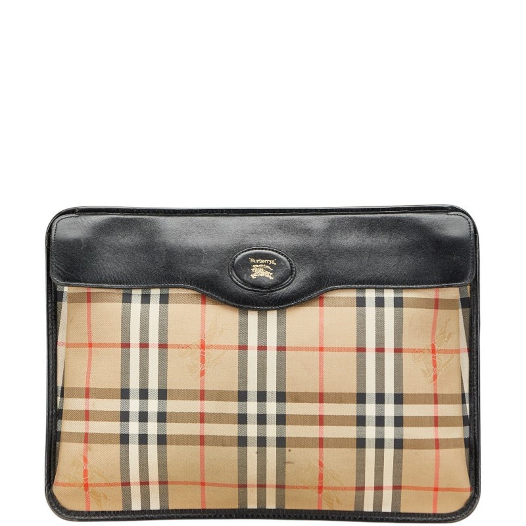 Burberry Nova Check Shadow Horse Clutch Bag/Second Bag in Beige, Black, and Red Canvas Leather.