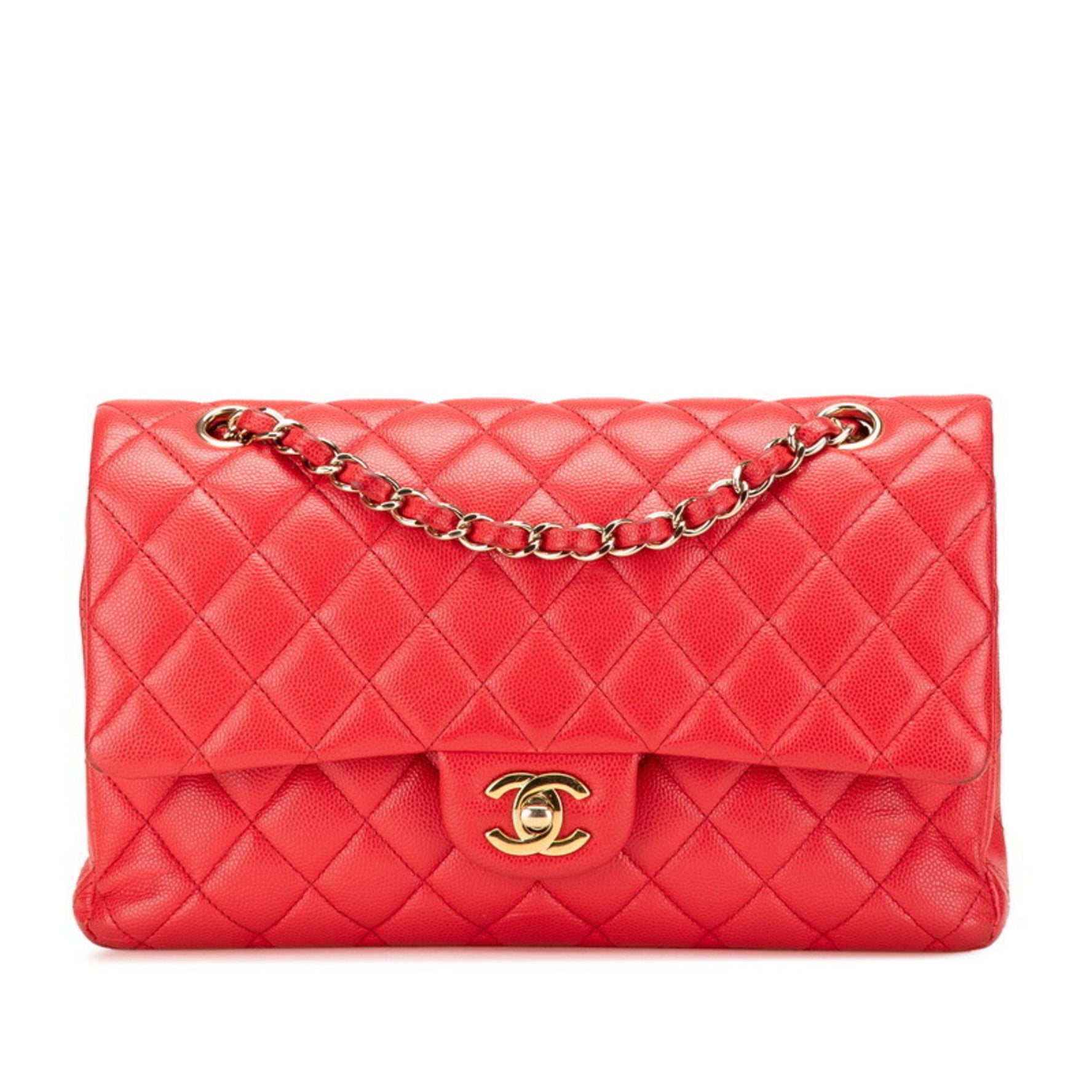 CHANEL Coco Mark Matelasse 25 Double Flap Chain Shoulder Bag in Red Caviar Skin