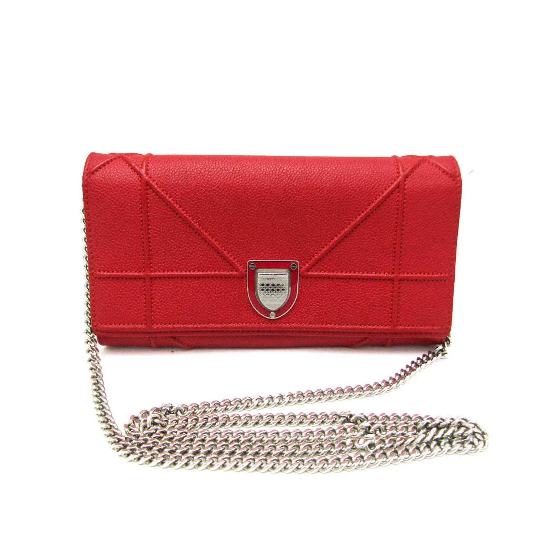 Christian Dior Diorama Leather Chain/Shoulder Wallet Red Color