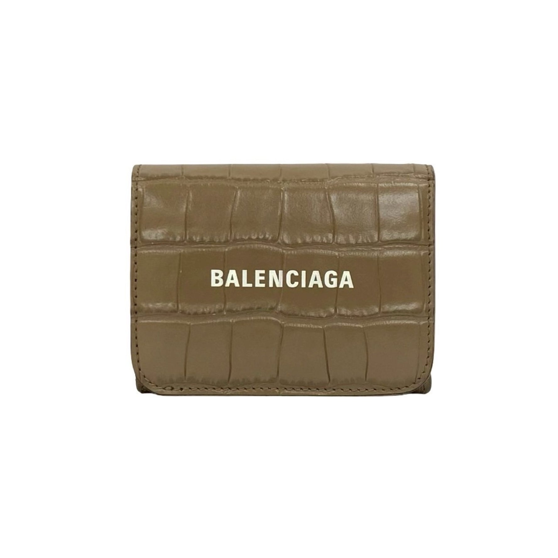 BALENCIAGA Logo Embossed Leather Genuine Tri-Fold Wallet Mini Business Card Case Greige