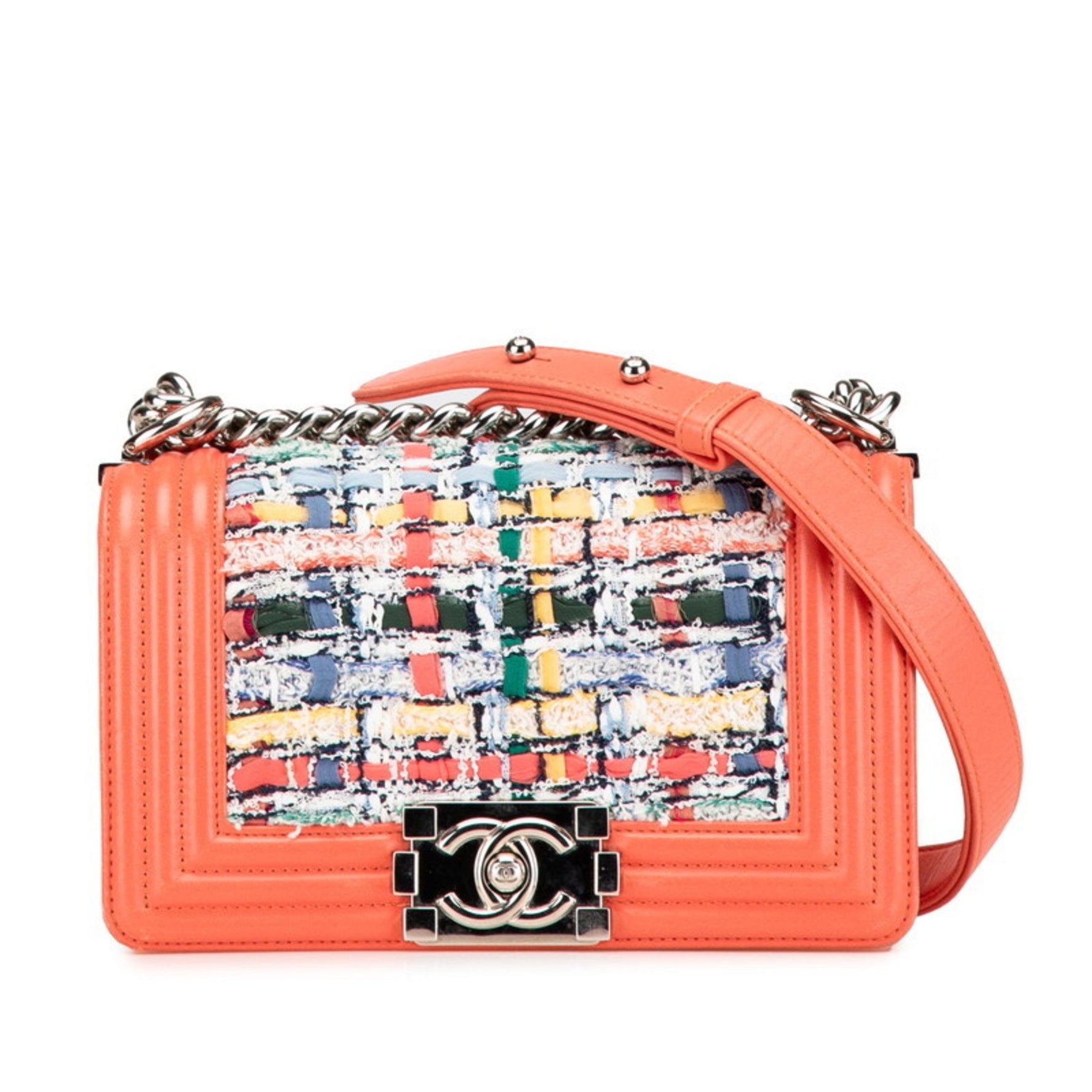 Chanel Boy Coco Mark Chain Shoulder Bag Coral Orange Multicolor Tweed Leather