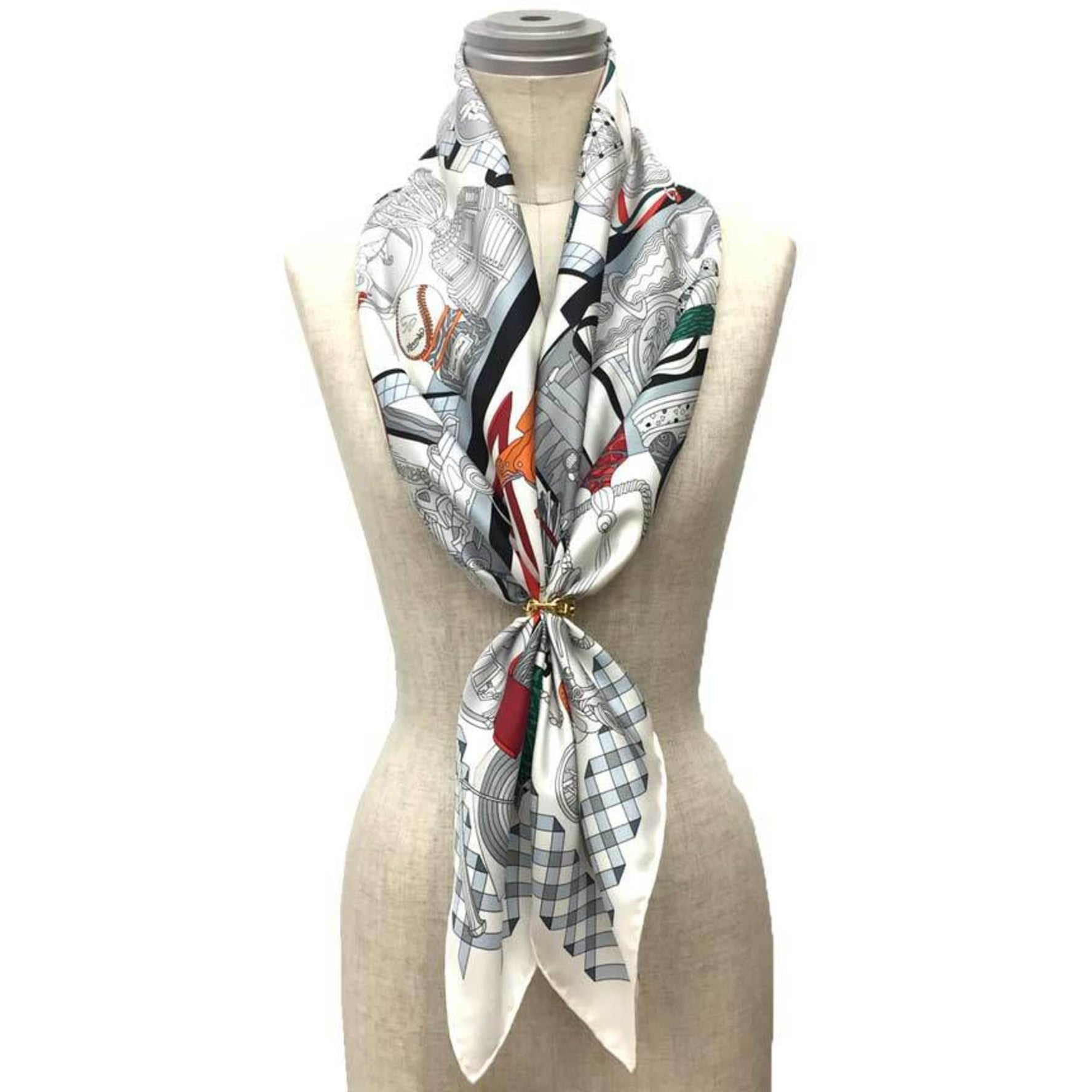 HERMES Les Trophies Carré 90 Scarf, White, 100% Silk