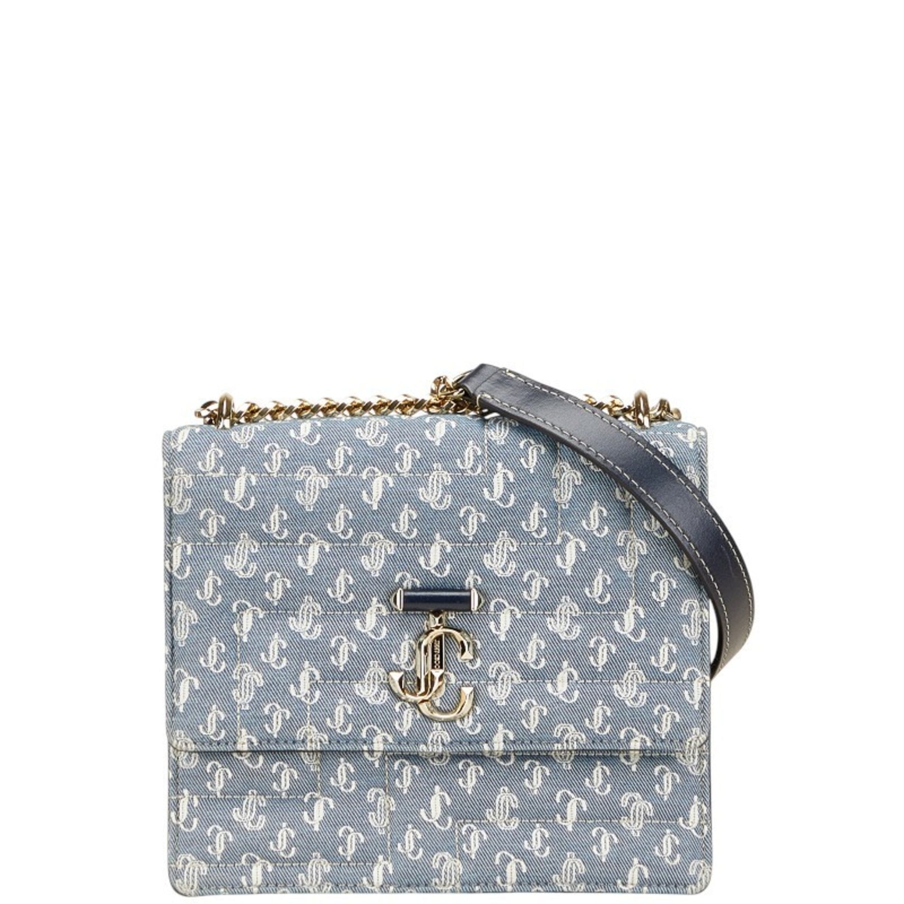 Jimmy Choo JC Monogram VARENNE AVENUE QUAD Denim Quilted Chain Shoulder Bag in Indigo Blue Cotton and Leather.