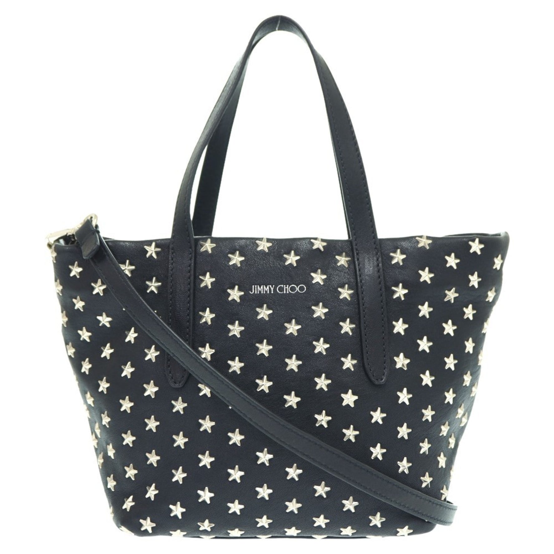 Jimmy Choo Pimlico Shoulder Tote Bag Leather Black/Silver CHOO With Strap