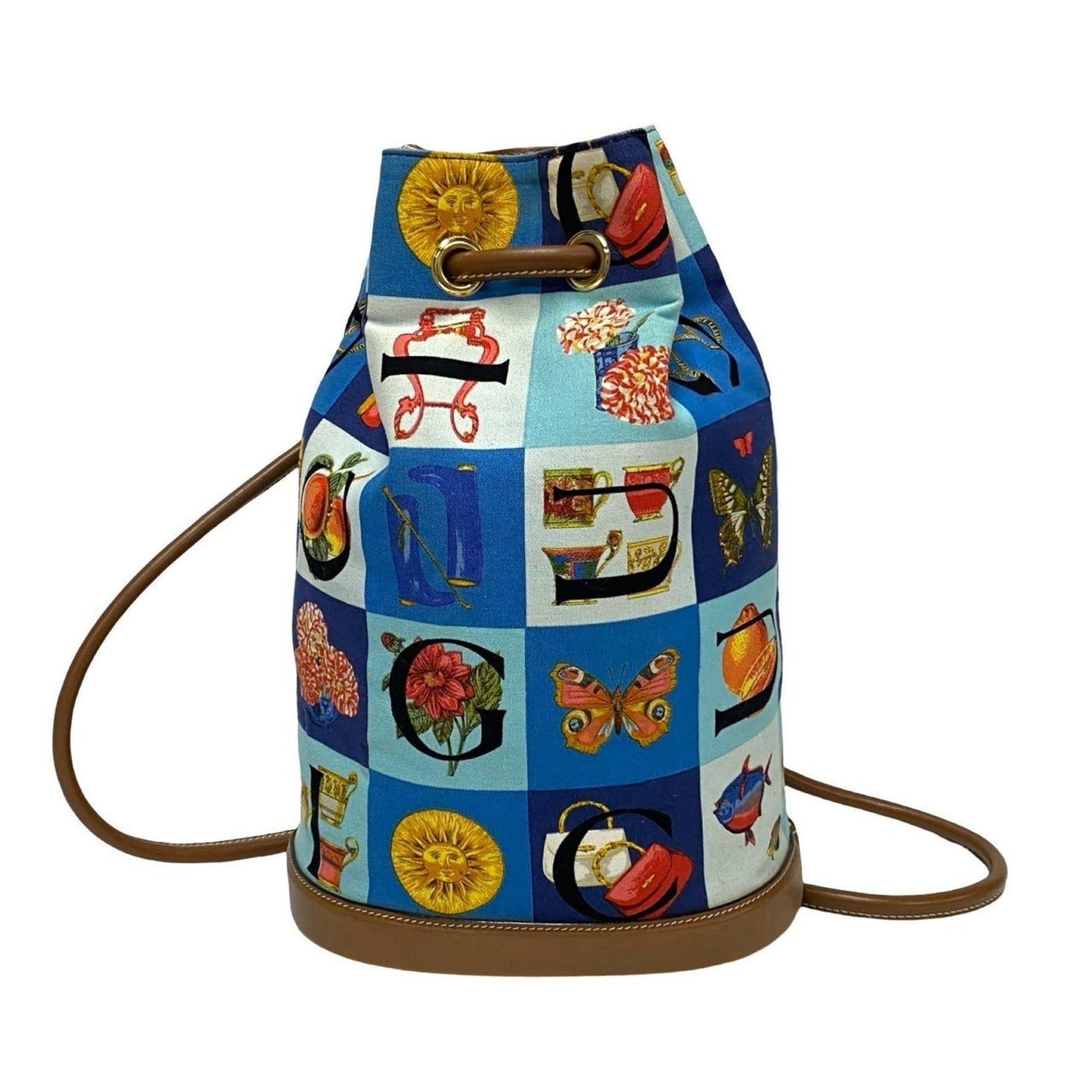 GUCCI Simo all-over print leather and canvas drawstring backpack/shoulder bag in blue brown (243-5)