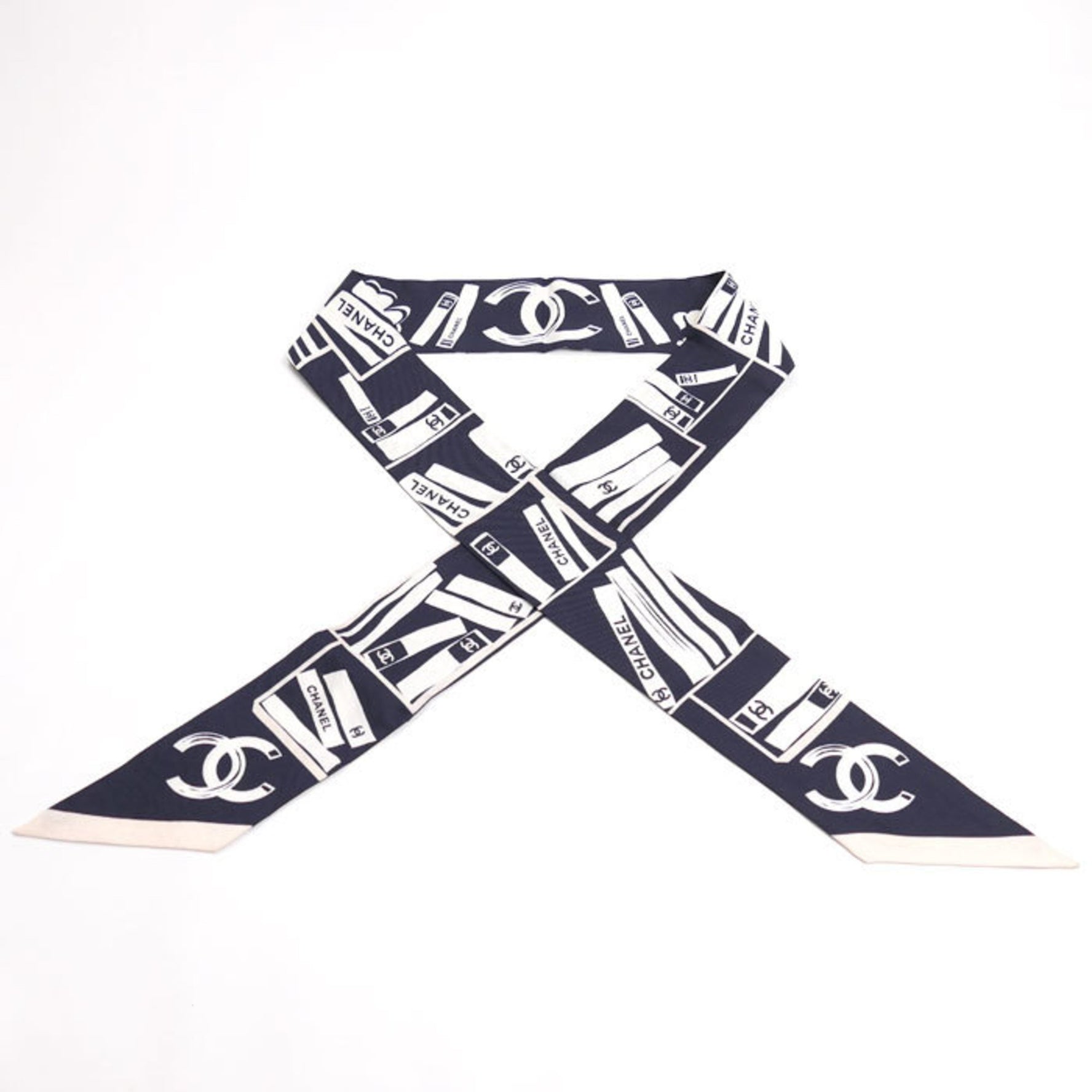 CHANEL Coco Mark Camellia Scarf Muffler Navy/White/Pink Hairband