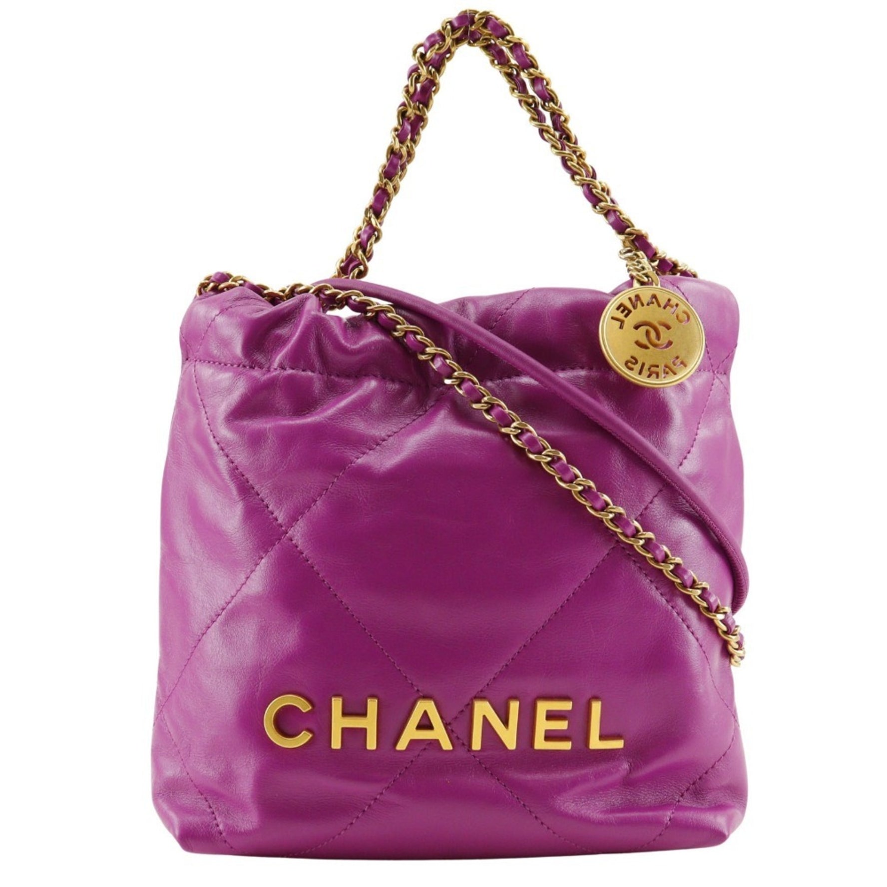 CHANEL 22 Shoulder Bag Handbag AS3980 Calfskin Purple 2way Mini Women's