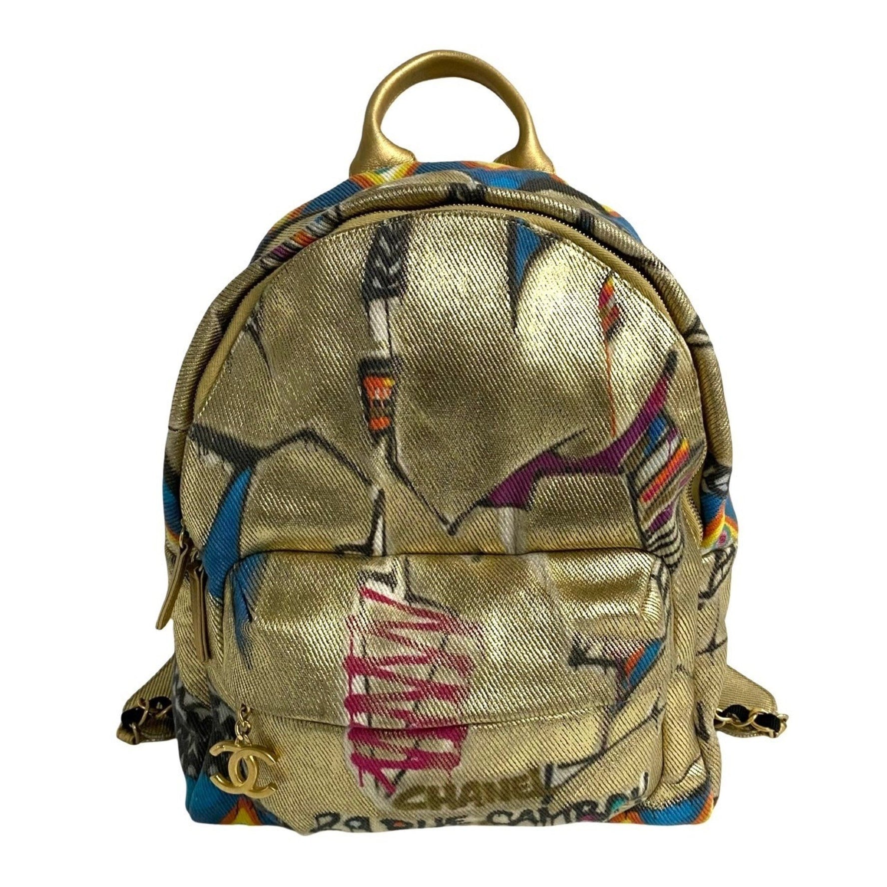 CHANEL Coco Mark Graffiti Coated Canvas Backpack, Gold