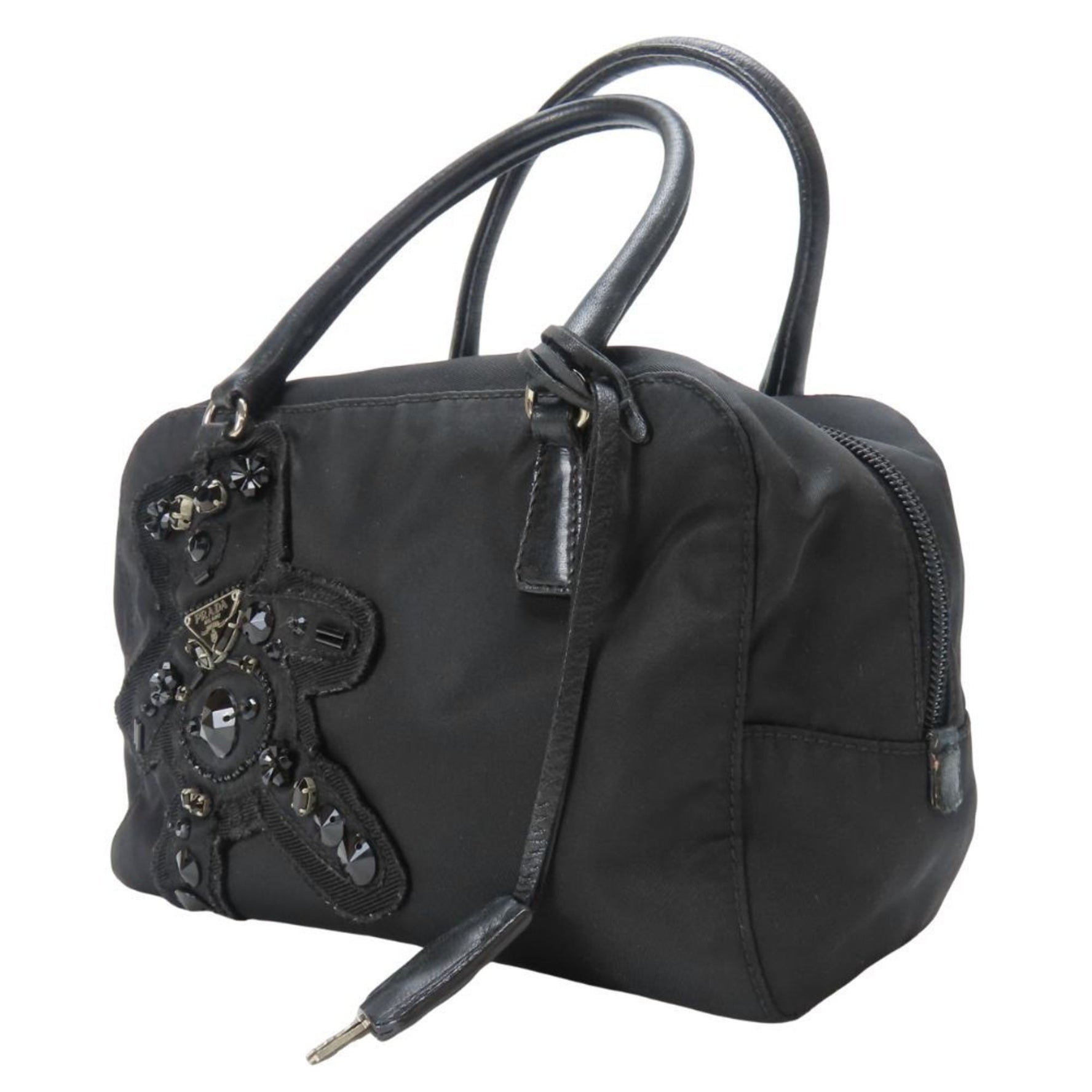 Prada Handbag Evening Bear Nylon Leather with Beads and Black Triangle Plate