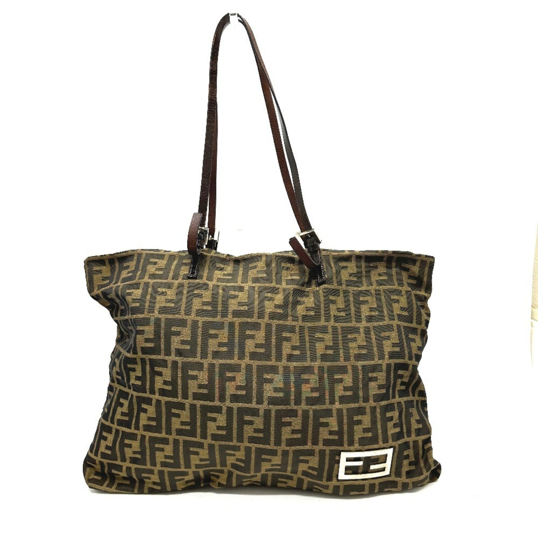 FENDI Zucca print handbag with logo hardware, all-over tote bag in canvas/leather