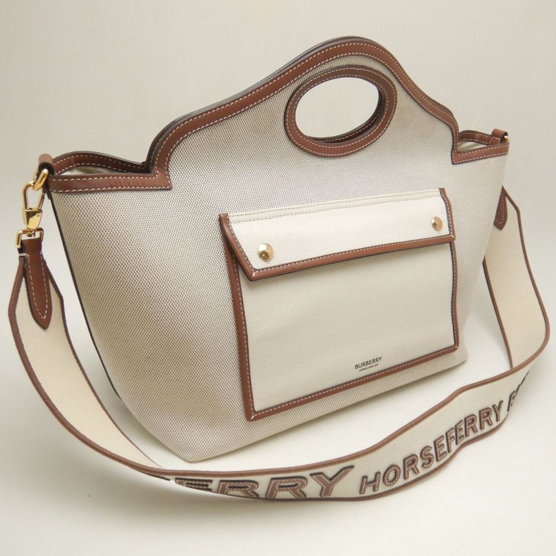 BURBERRY Small Soft Pocket Tote Bag Canvas and Leather Natural Tan