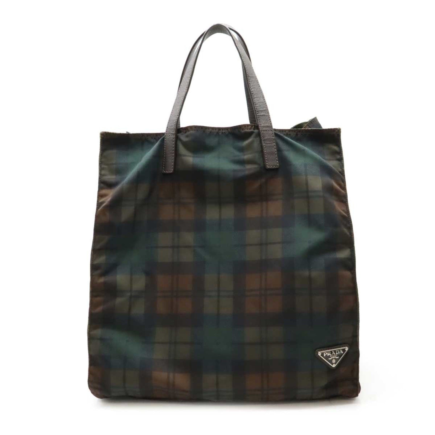 PRADA Prada Triangle Tote Bag Handbag Check Pattern Nylon Leather Green Brown Multicolor VA0905