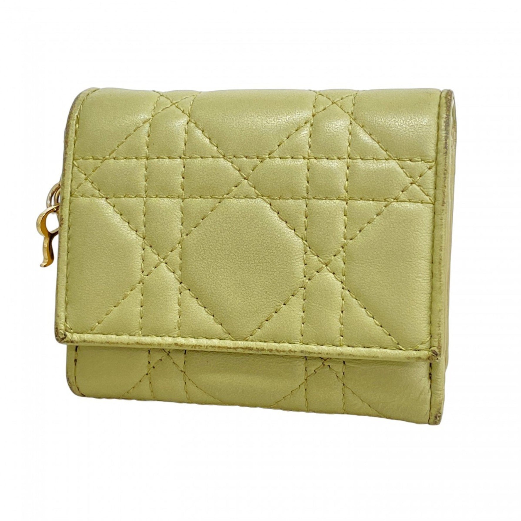 Christian Dior Tri-fold Wallet Cannage Leather Green Champagne Women's