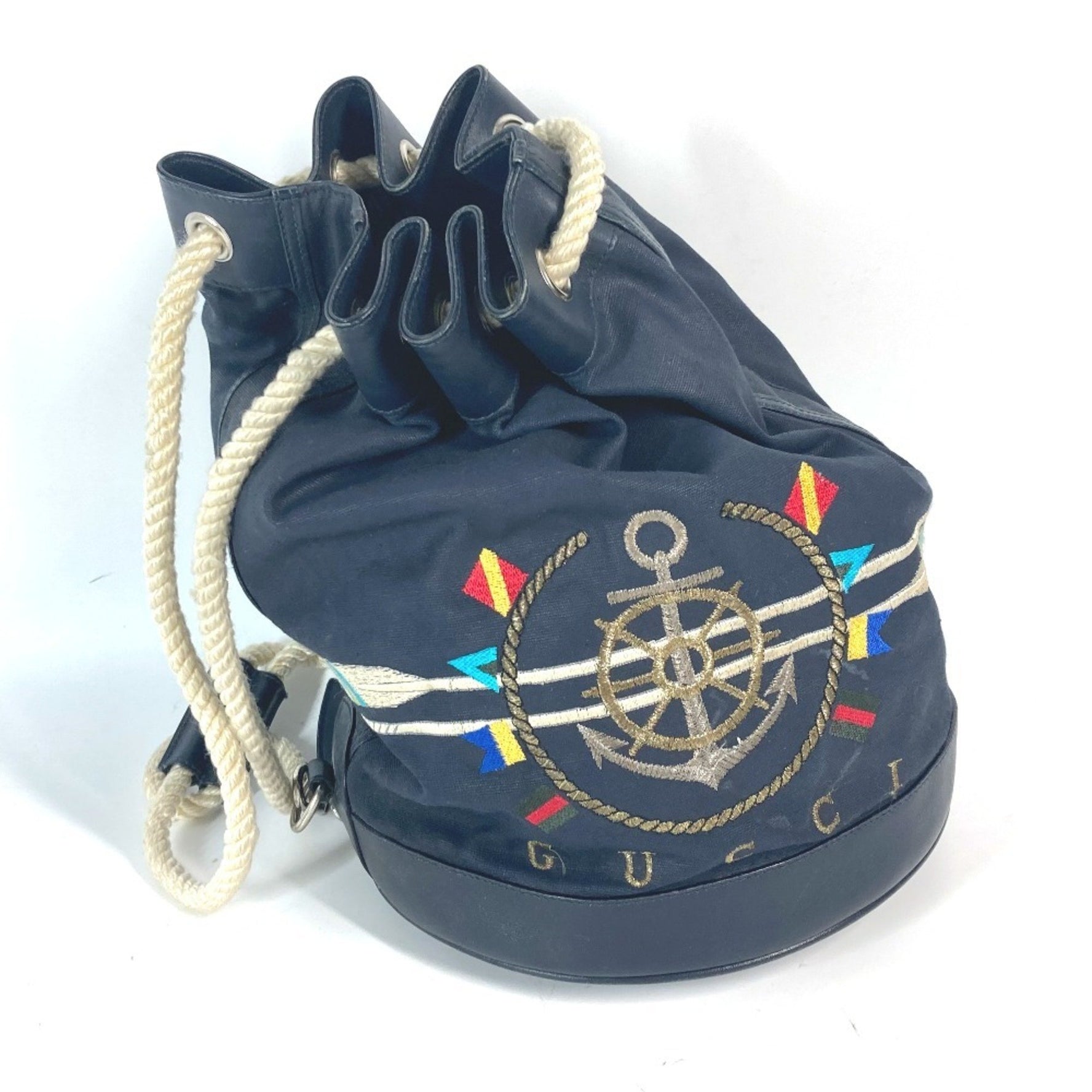 GUCCI 1.112 Marine Shoulder Bag Leather Coated Canvas Women's Navy