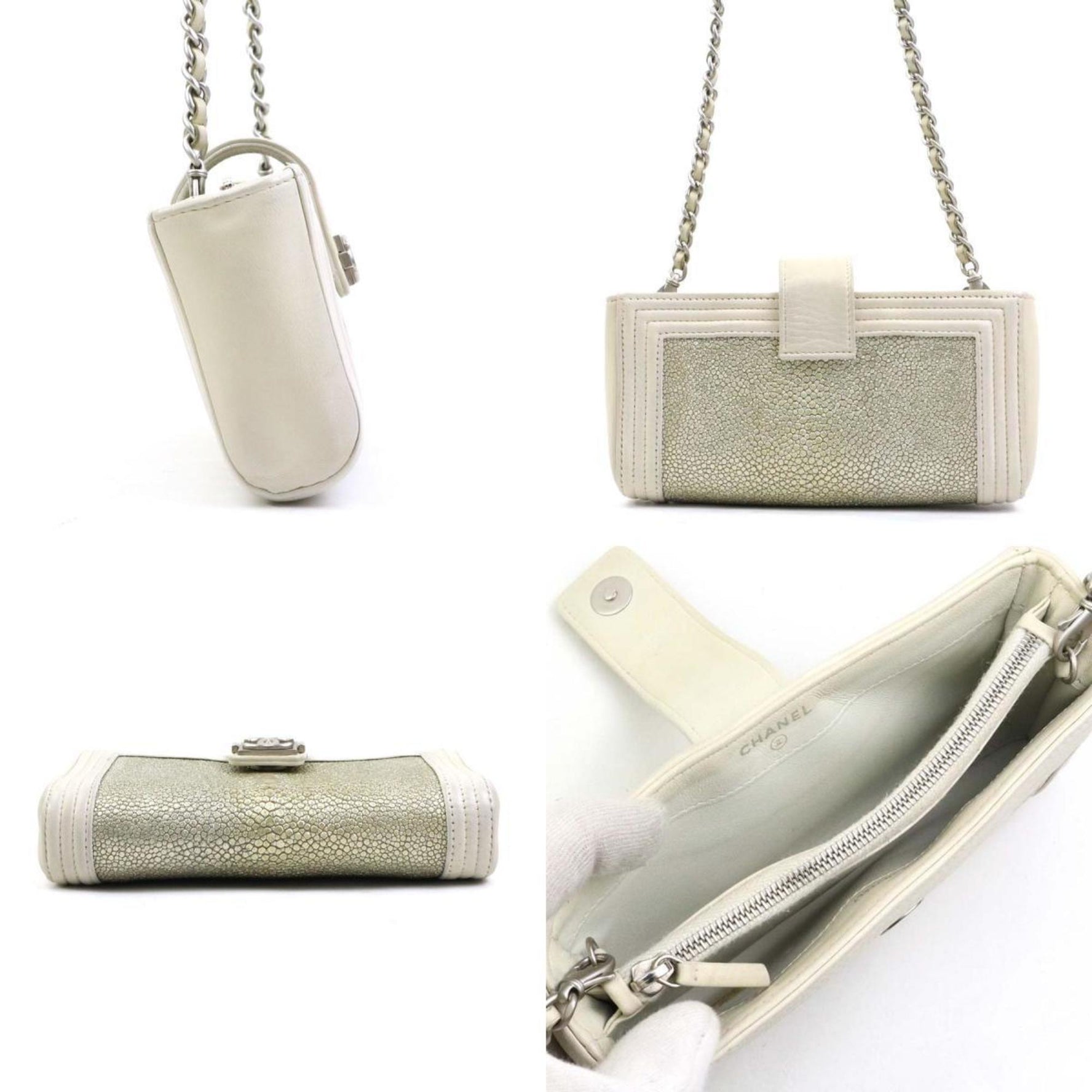 CHANEL Shoulder Bag Leather Galuchat Ivory Gold Silver Women's e60076a