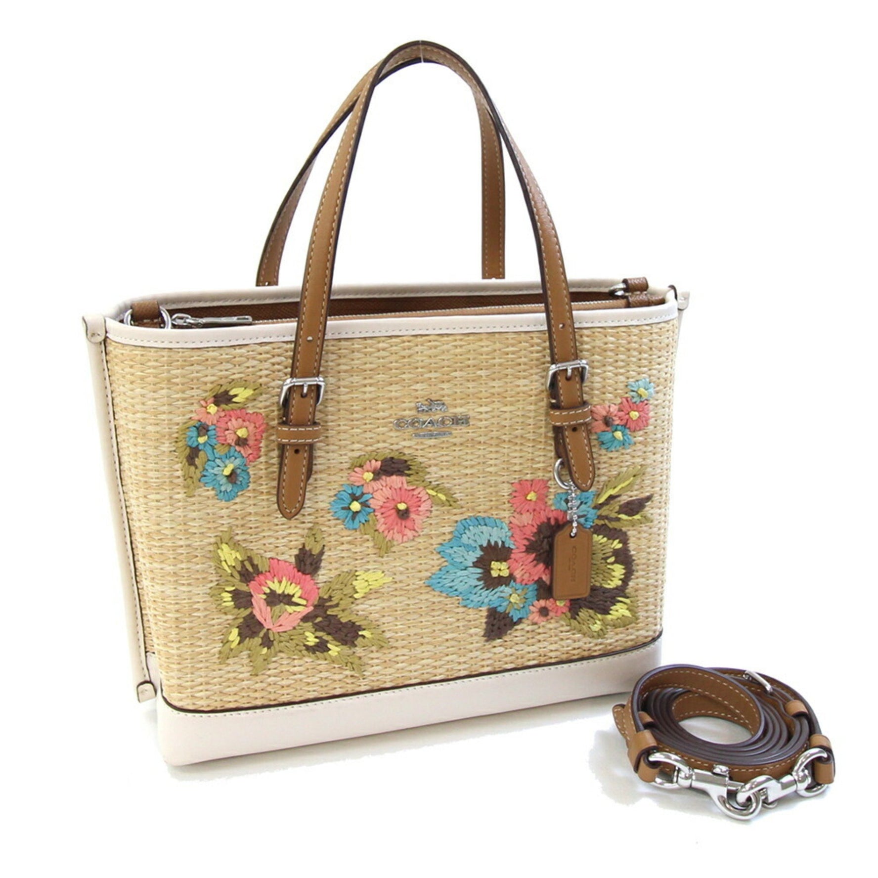Coach Mori Tote 25 Handbag Natural Ivory Brown Straw Leather Shoulder Bag Basket Floral Mini
