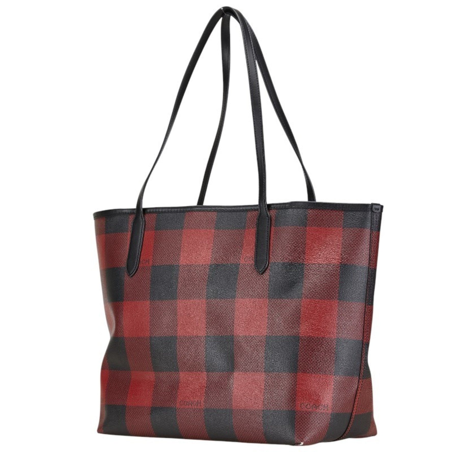 Coach Check Buffalo Plaid Print Handbag Tote Bag Black Red Leather