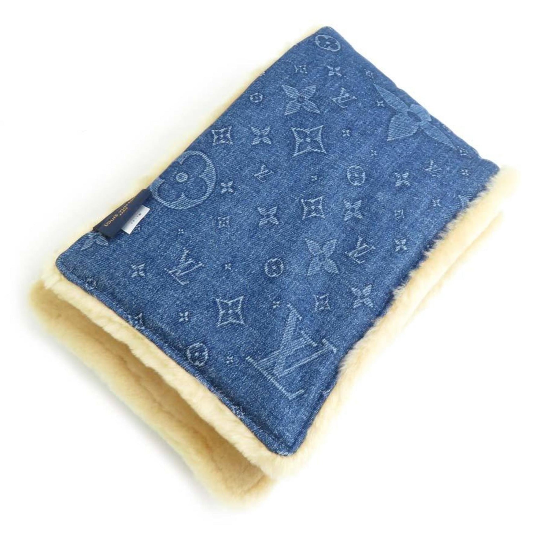 Louis Vuitton Stole/Scarf Echarpe Shearling Denim Cotton Sheepskin Blue Beige Men's