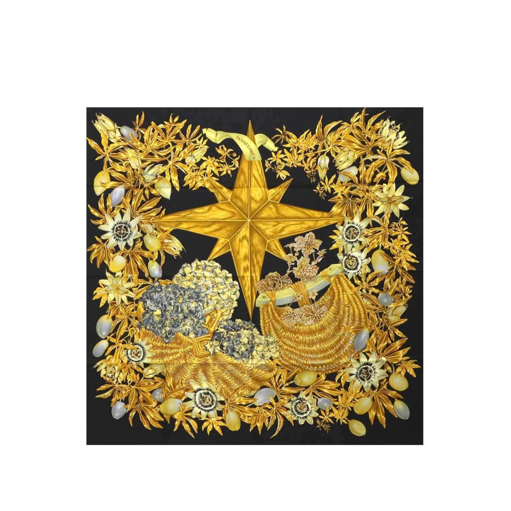 Hermes Hermès Carre 90 Large Scarf, Passiflores, Passion Flower, 100% Silk, Black and Yellow