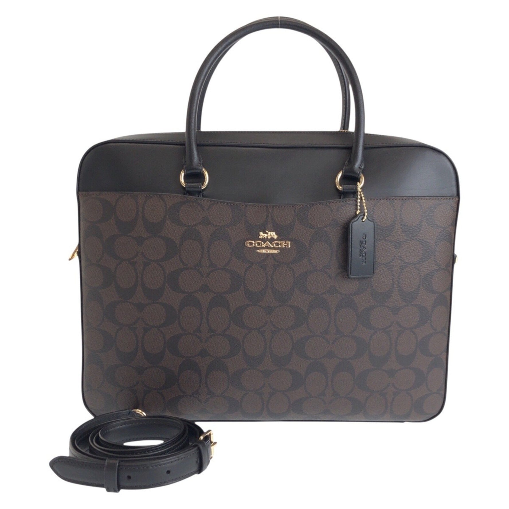 COACH Signature Brown, Black, and Gold Hardware Leather Business Briefcase