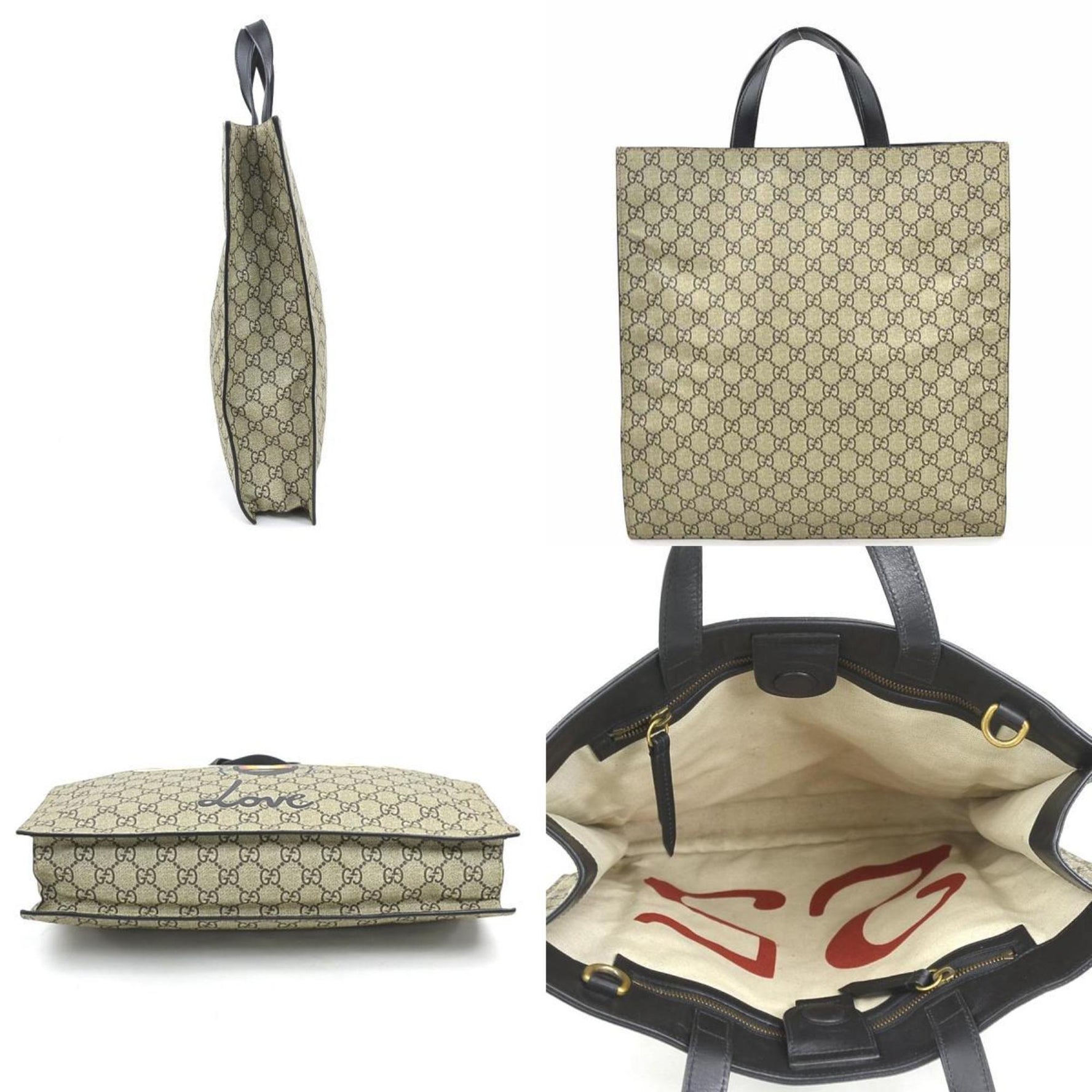 GUCCI Handbag Shoulder Bag Bee Print GG Supreme Canvas Leather Black x Brown