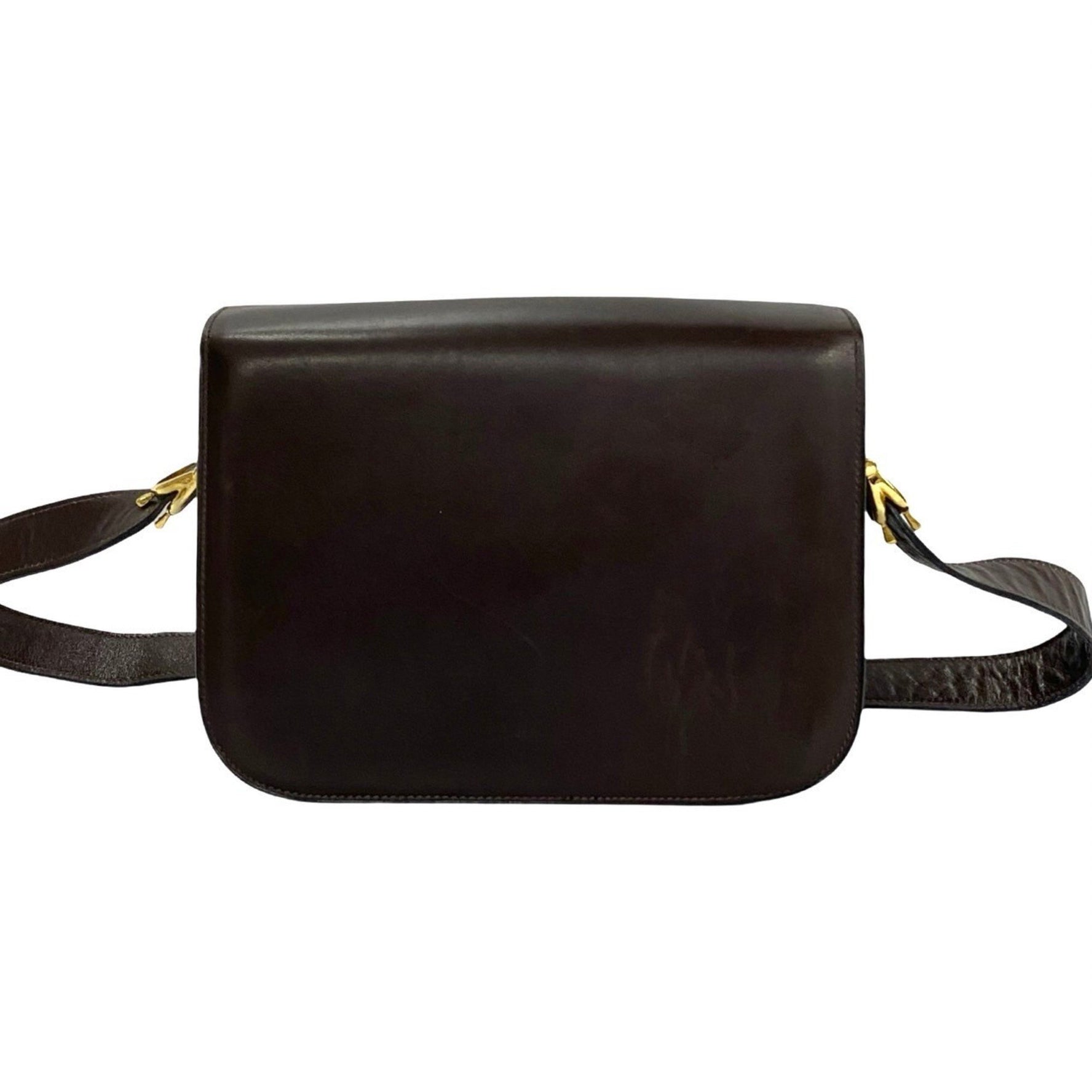 CELINE 107-4 genuine leather shoulder bag with carriage hardware and sacoche in brown.