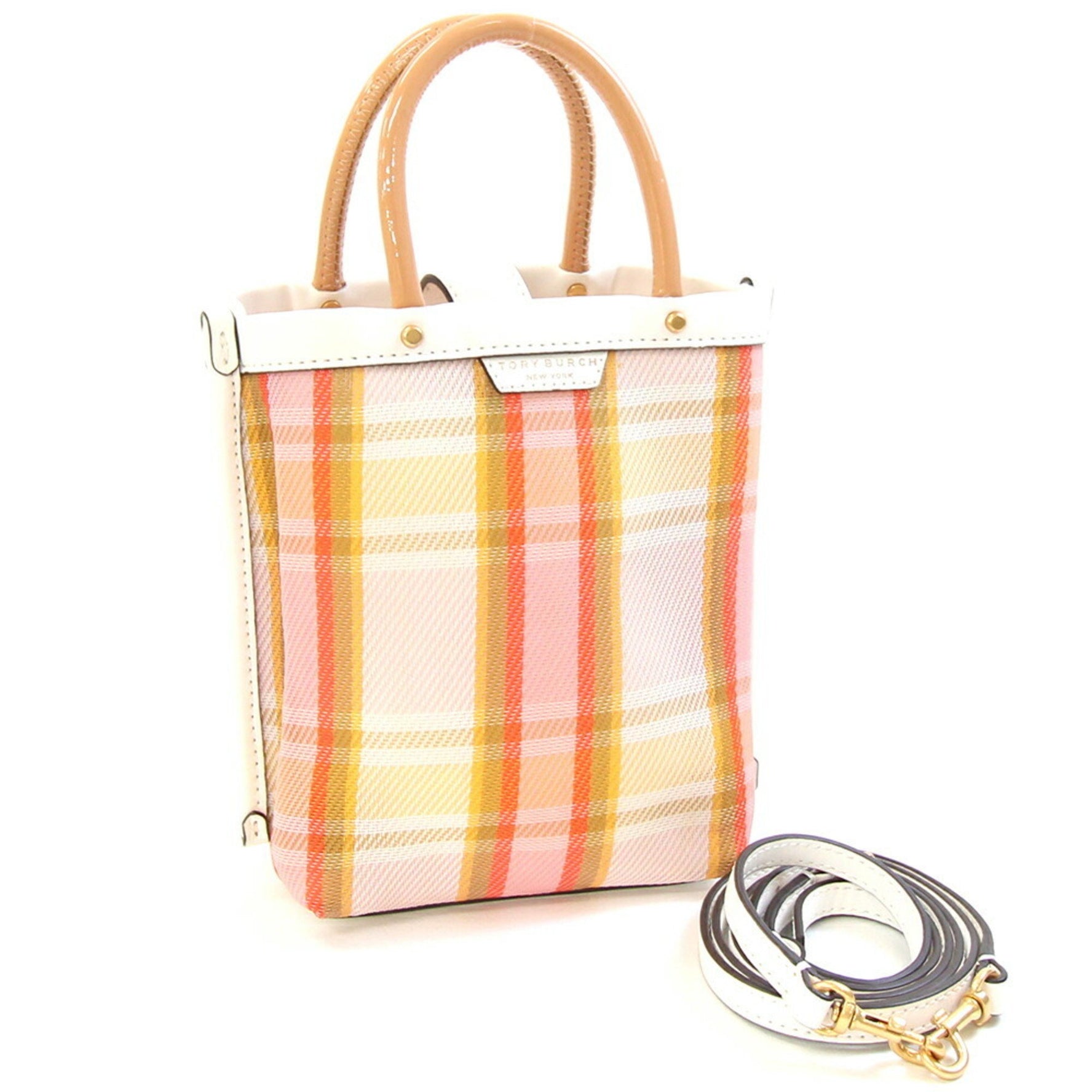 Tory Burch Mini Perry Mesh Tote Bag in Orange and White Polyethylene Leather. Checked Shoulder Bag/Pochette.