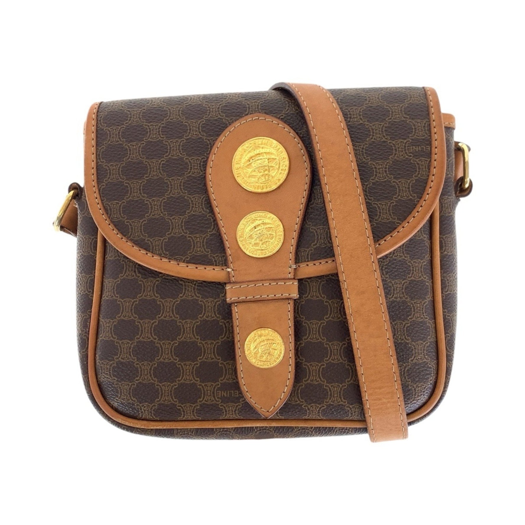 CELINE Vintage Macadam Medal Gold Hardware Leather Shoulder Bag Pochette