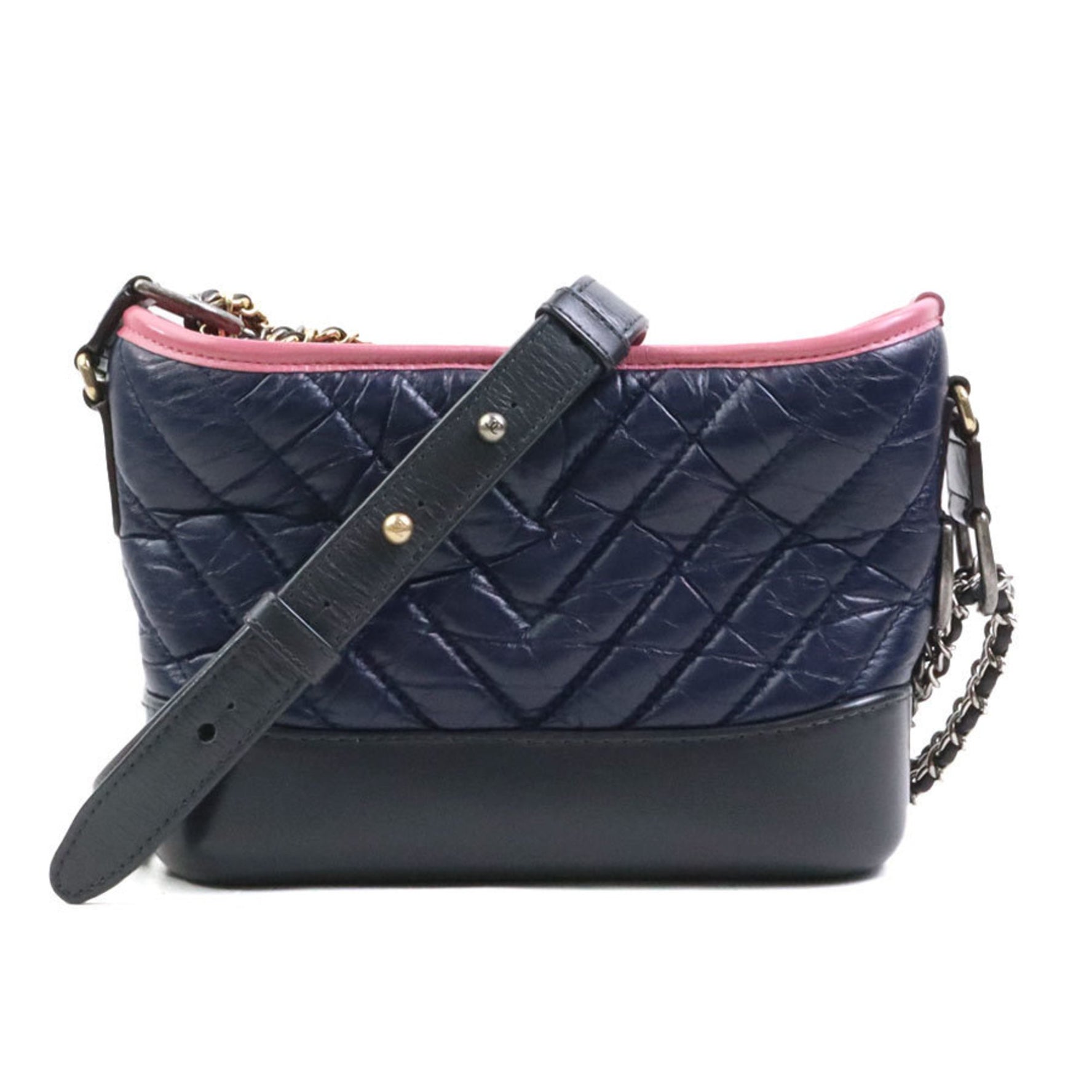 CHANEL Gabrielle de Shoulder Bag, Leather, Metal, Gray, Navy, Pink