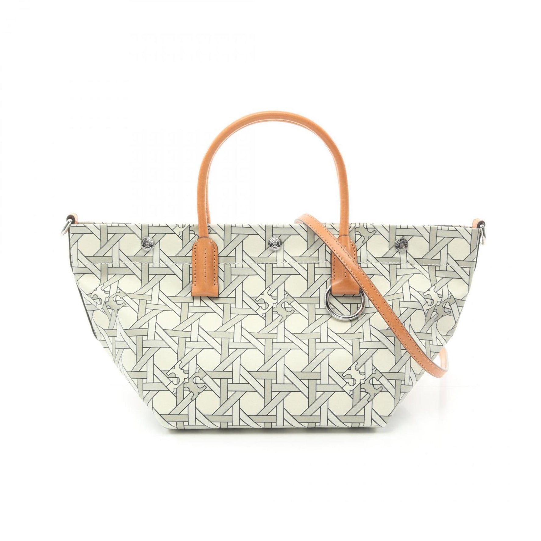 Tory Burch BASKET WEAVE Tote Bag Canvas Leather Women's Beige Brown Multicolor