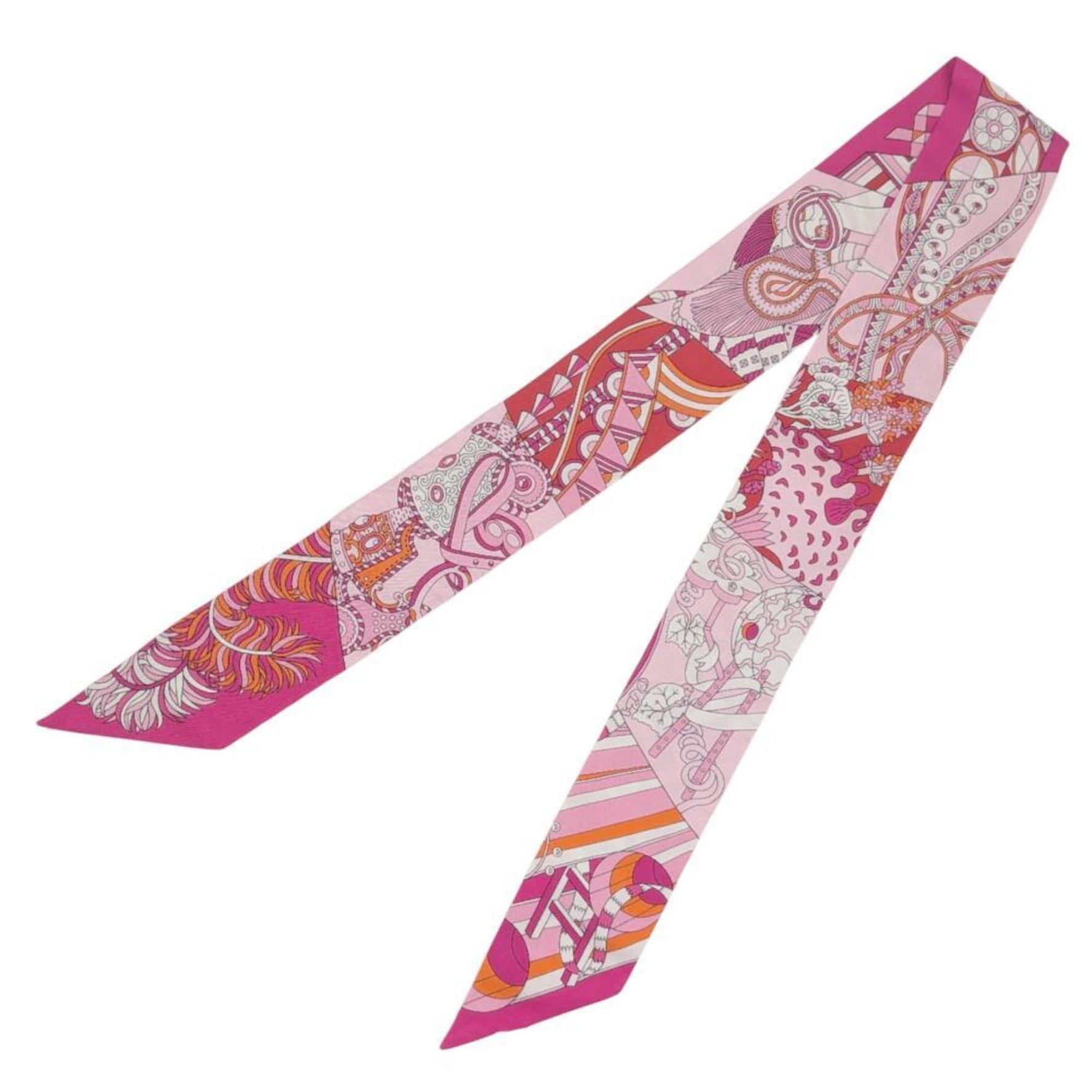 HERMES Twilly Scarf/Muffler, 100% Silk, Del'Ombrelle aux Duels, Women's, Fuchsia, Rose Pale, Orange, Pink