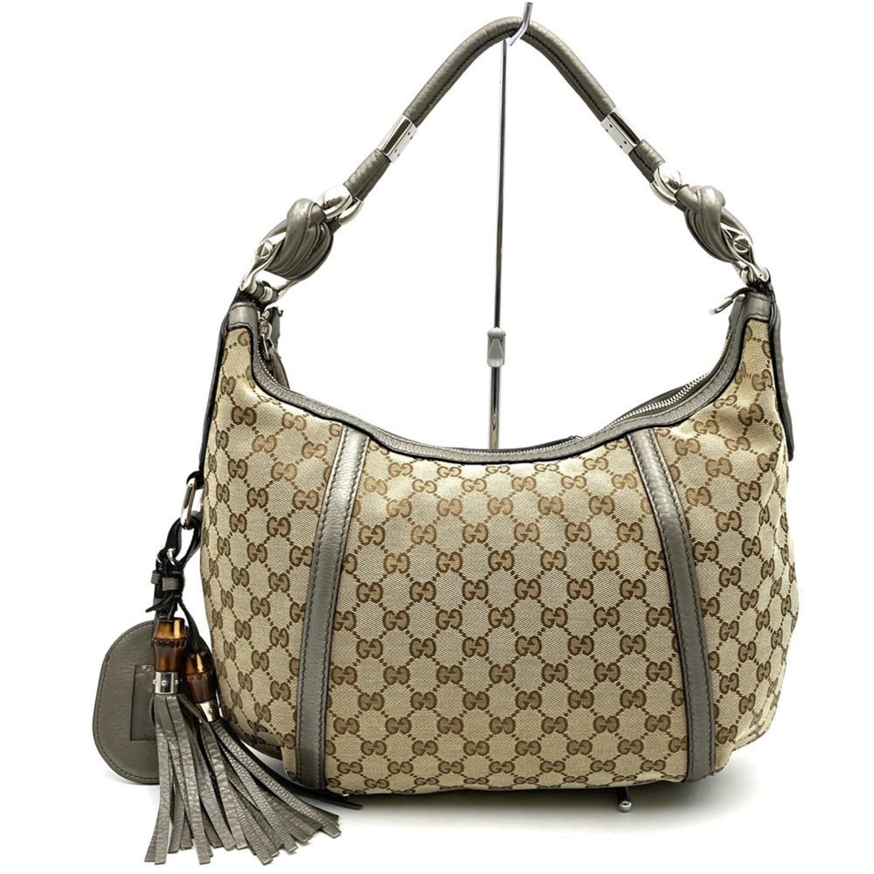 GUCCI Shoulder Bag GG Canvas Leather Tassel Bamboo Beige Women's