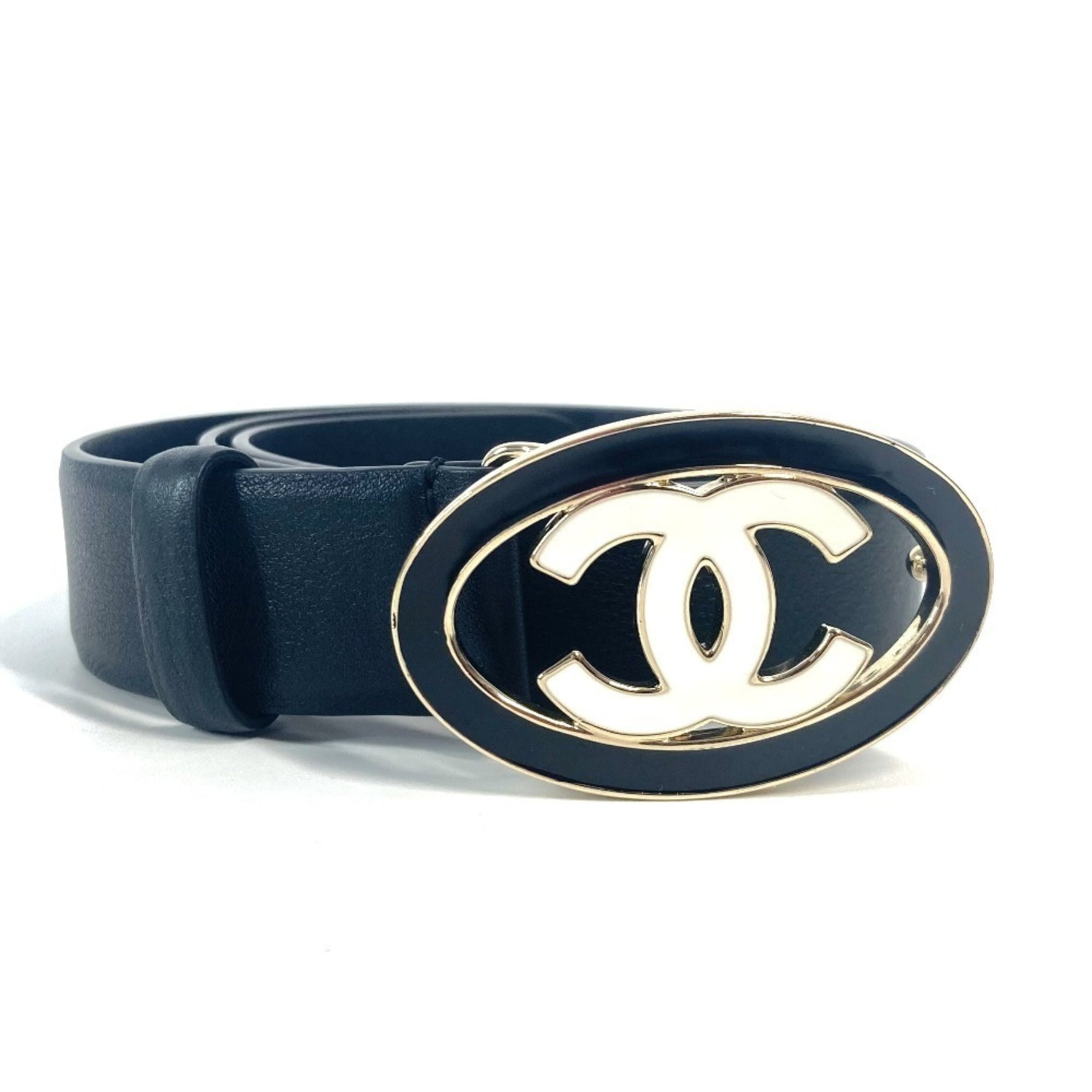 CHANEL CC Coco Mark Round Accessory Buckle Belt Leather Women's Black Like New