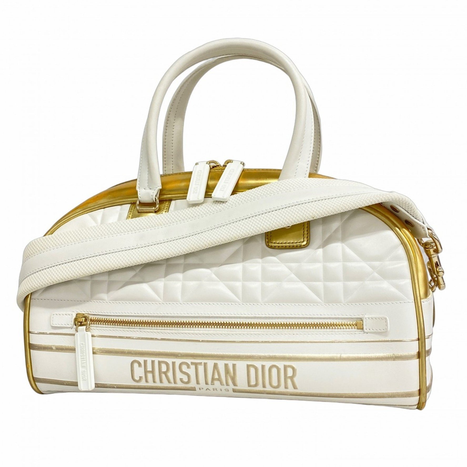 Christian Dior Cannage Bowling Bag in White, Gold, and Champagne Leather for Women