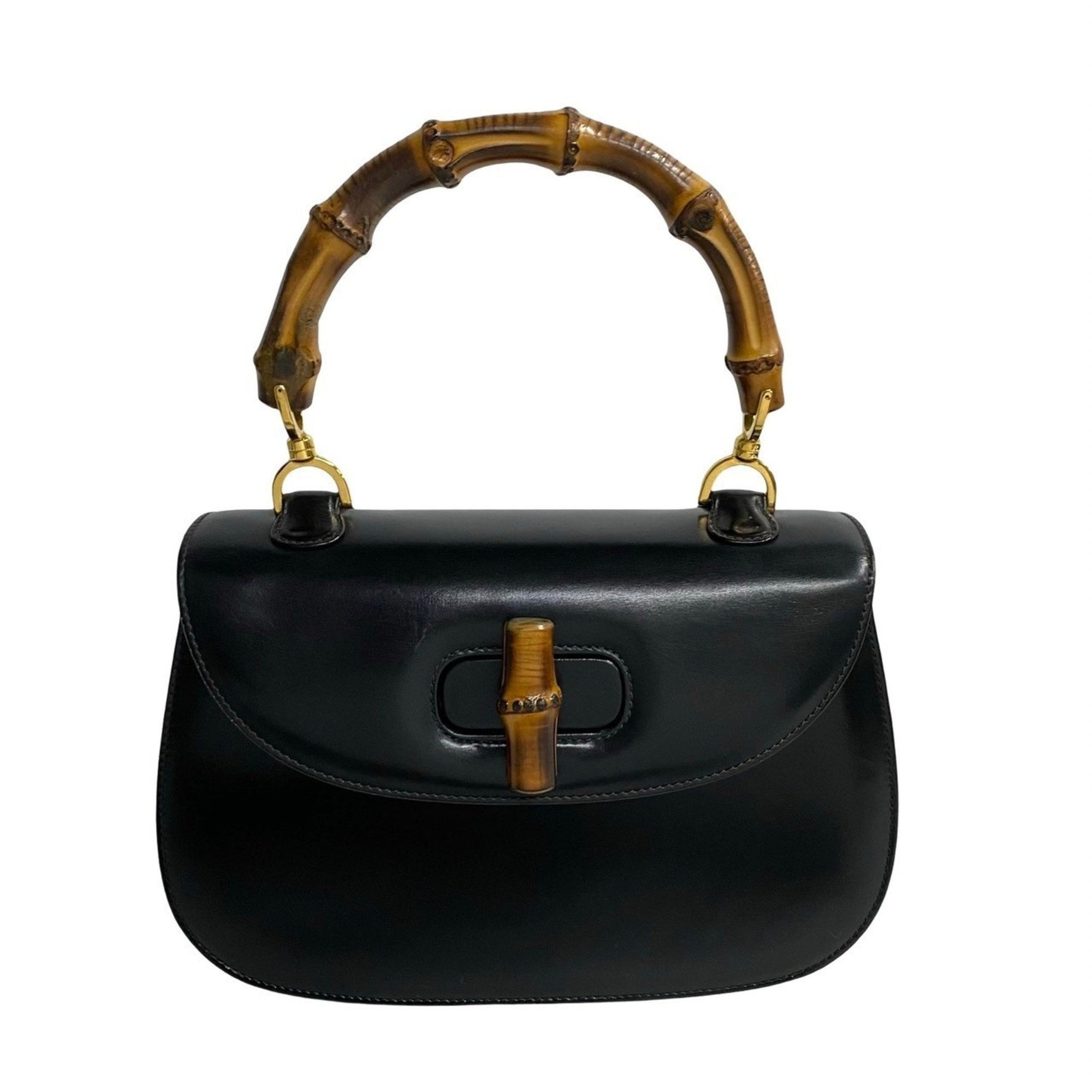 GUCCI Old Gucci Bamboo Turnlock Calfskin Leather Handbag Mini Tote Bag Black