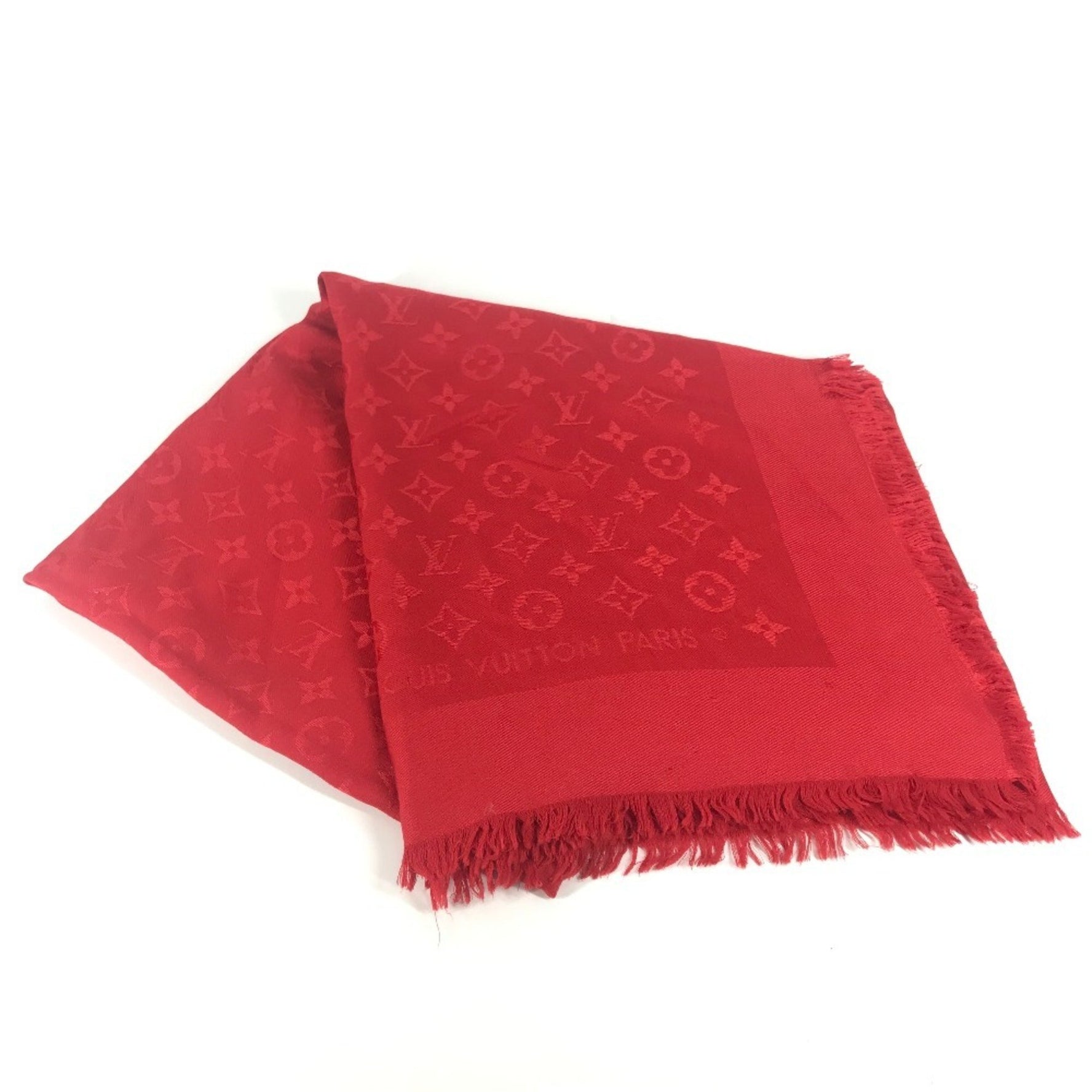 Louis Vuitton Monogram Large Fashion Accessory Stole Shawl Silk Wool Men Women Red