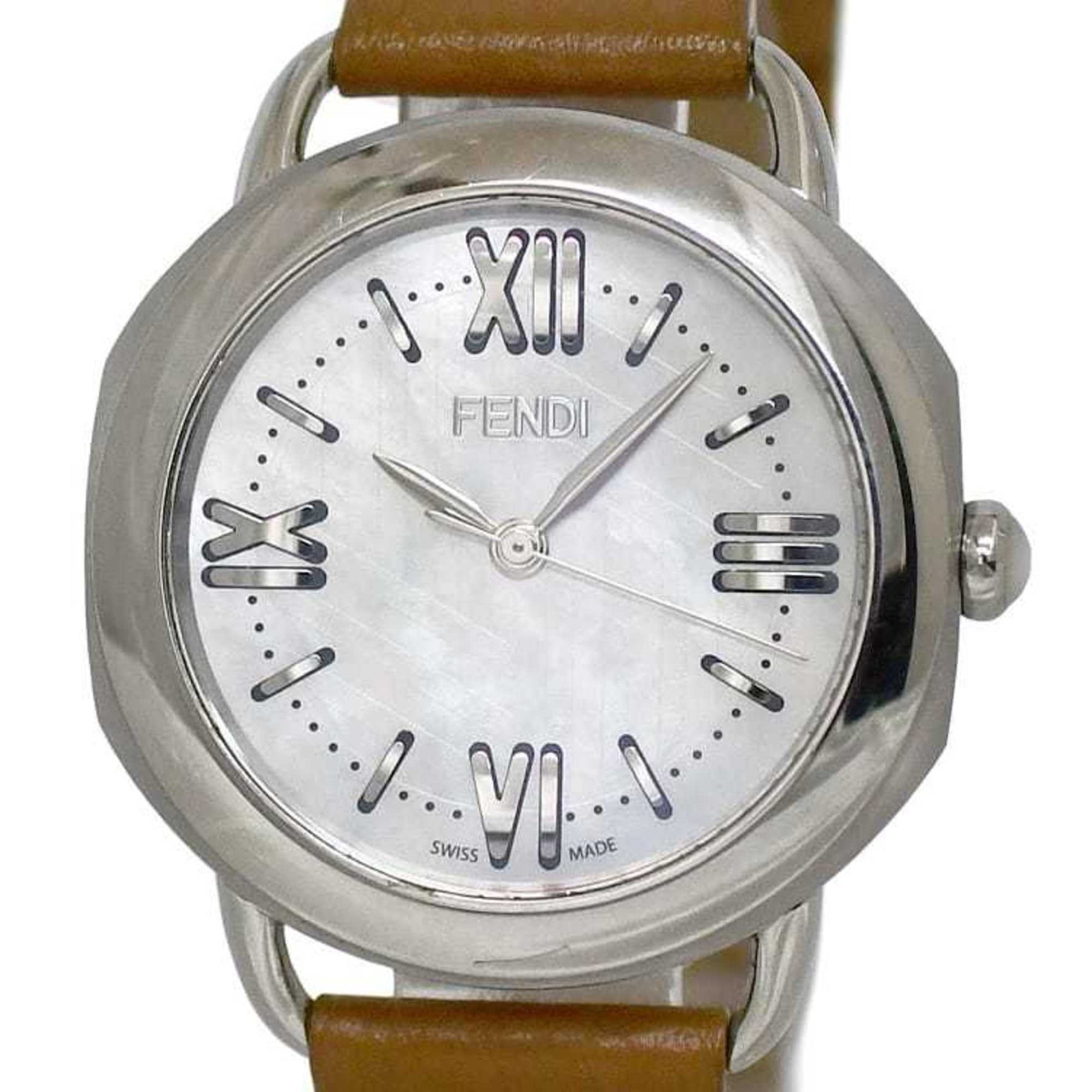 Fendi Watch f-22251 White Shell Brown Silver Selleria 80200M SS Leather Quartz FENDI Battery Operated Men's Dial Strap Bracelet Three Hands
