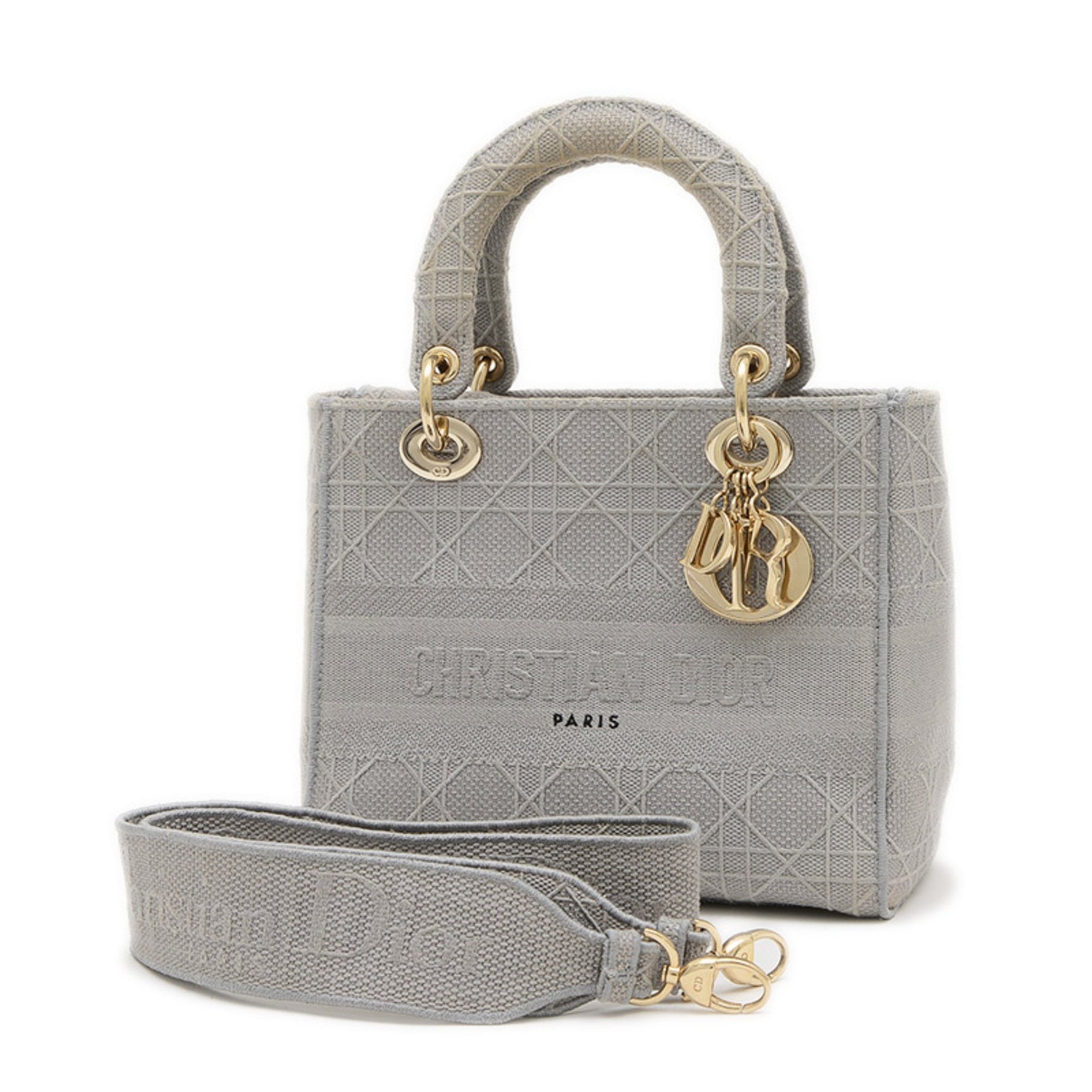 Christian Dior Dior Lady D-LITE Medium 2WAY Bag Handbag Canvas Grey Gold Hardware BP