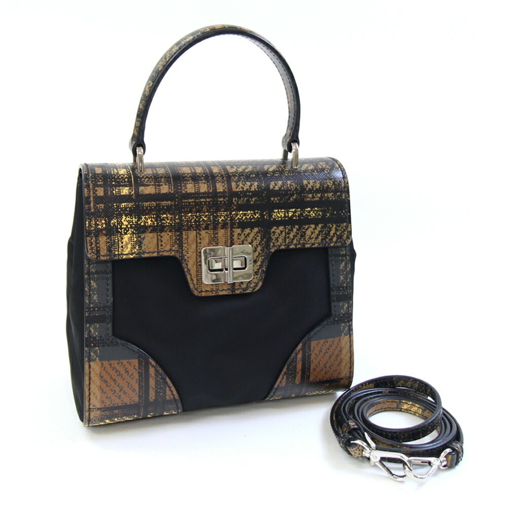 Prada Handbag Black Brown Nylon Leather Shoulder Bag Check